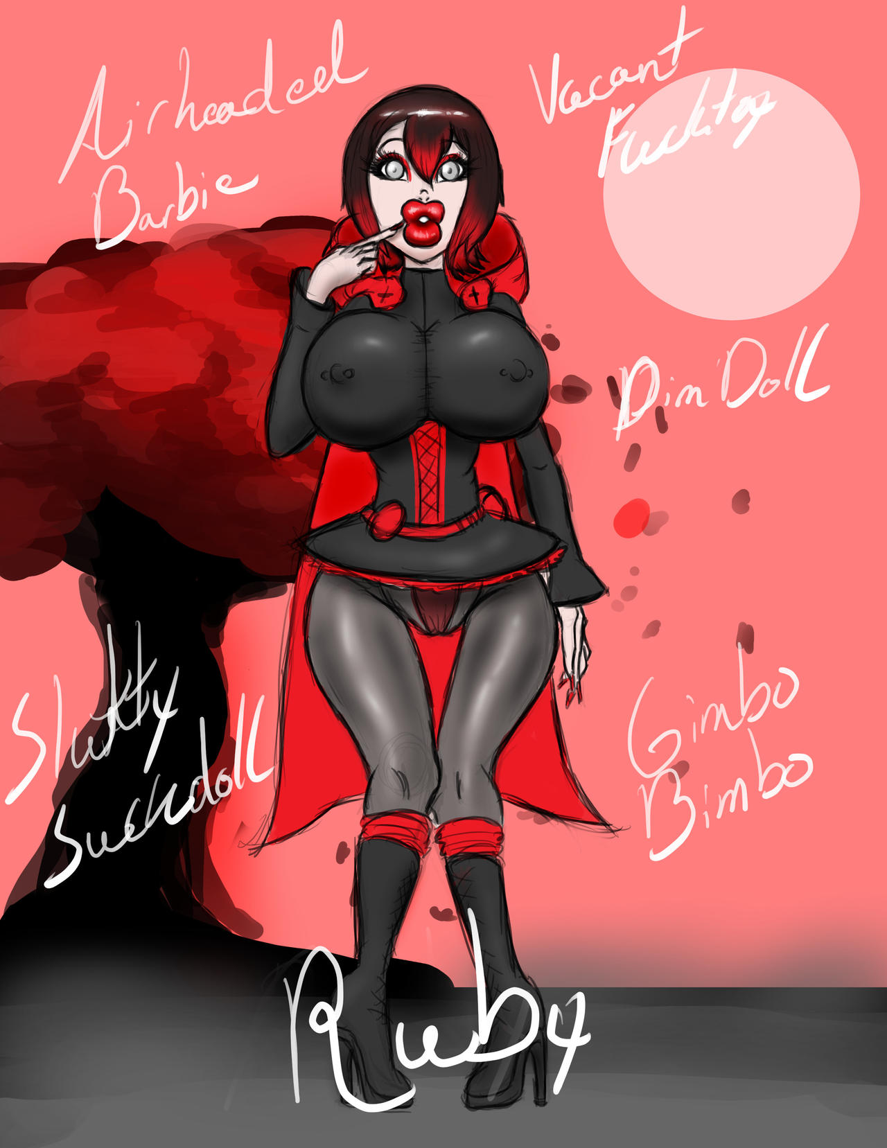 bimbo, boots, bradtanker3, breasts, cape, english text, female, finger to mouth, high heel boots, high heels, hood, hyper bimbo, identity death, large breasts, large lips, long nails, multicolored hair, nipple bulge, nipple piercing, nipples, piercing, ruby rose, rwby, thin waist, wide hips