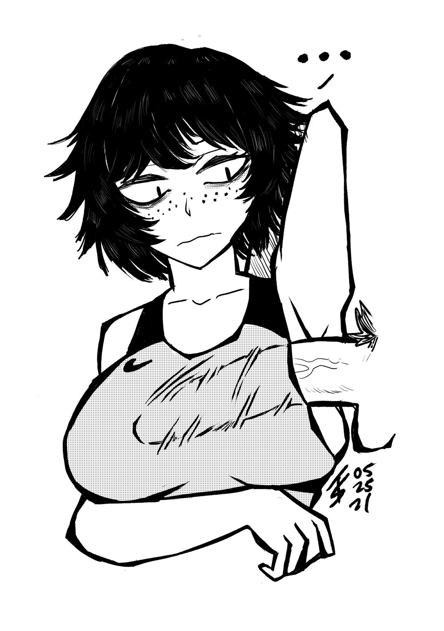 ..., arm up, armpit fetish, armpit sex, armpits, athletic, breasts, female, freckles, half-closed eyes, looking aside, looking down, male, male pubic hair, penis, pubic hair, raised arm, short hair, signature, straight, tomboy, tomboy sama