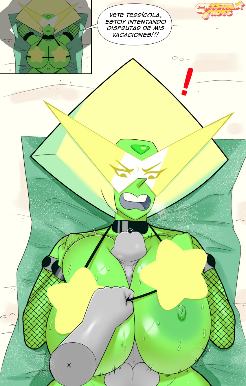 1boy, alternate breast size, armpits, beach, big breasts, breasts, cartoon network, choker, coldarsenal, dialogue, favorite, female, forced, gem (species), green skin, huge breasts, large breasts, large penis, male, massive breasts, paizuri, penis, peridot (steven universe), rape, spanish text, speech bubble, steven universe, steven universe future, straight, text, towel, visor
