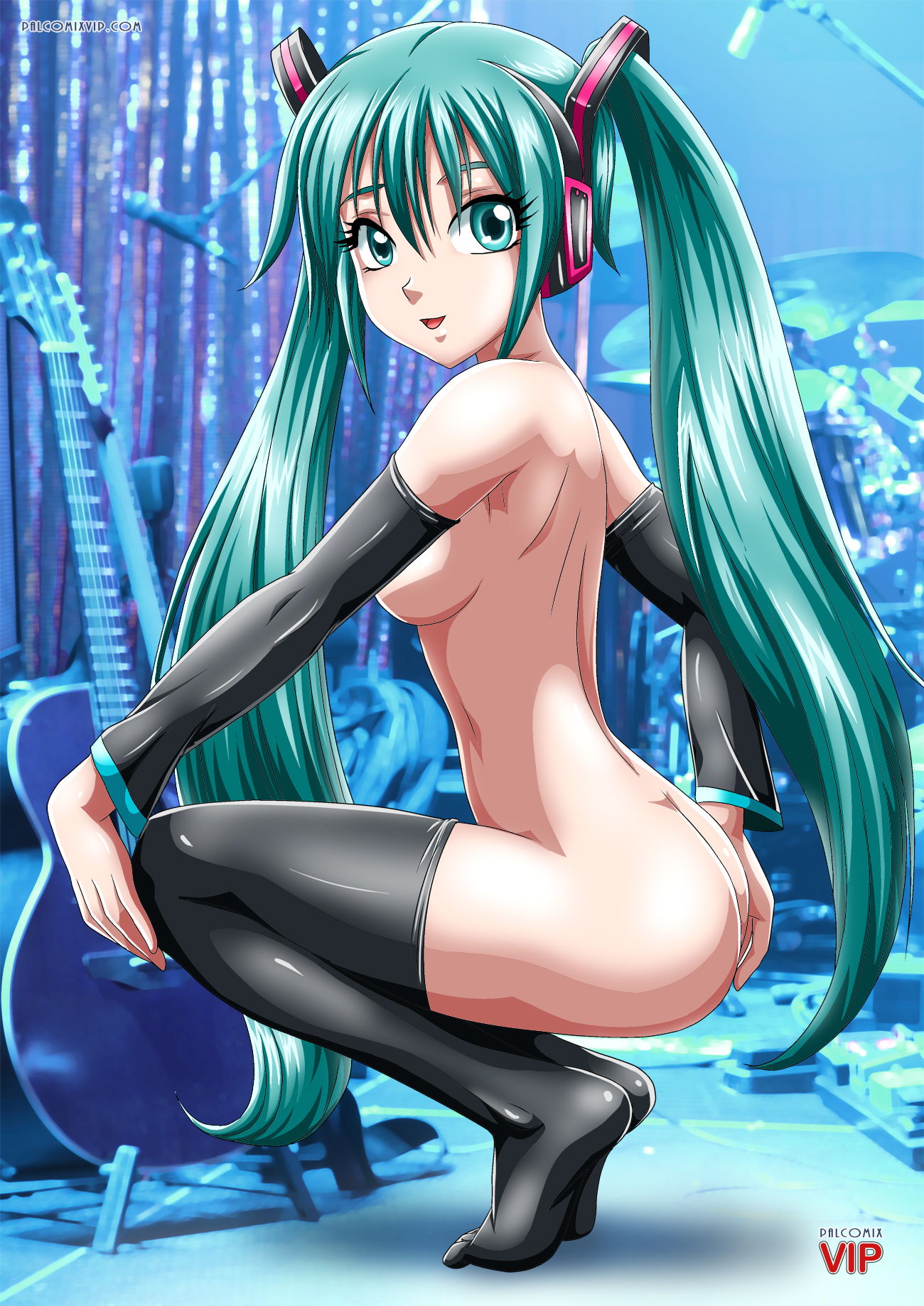 1girl, 1girls, aqua eyes, aqua hair, ass, back, bbmbbf, breasts, crouching, cyan eyes, cyan hair, detached sleeves, female, guitar, hatsune miku, instrument, long hair, looking at viewer, medium breasts, nude, open mouth, palcomix, palcomixvip.com, sideboob, solo, squatting, thighhighs, twintails, very long hair, vocaloid