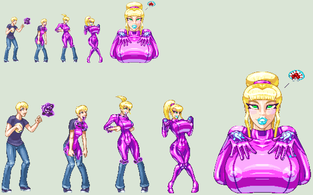 1boy ass_expansion bimbo bimbofication blue_lipstick breast_expansion casetermk eye_color_change female gender_transformation genderswap genderswap_(mtf) hair_growth huge_breasts identity_death lip_expansion metroid metroid_(creature) mtf_transformation navel nipples_visible_through_clothing pink_bodysuit rule_63 samus_aran thick_lips thick_thighs transformation transformation_sequence wide_hips x_parasite