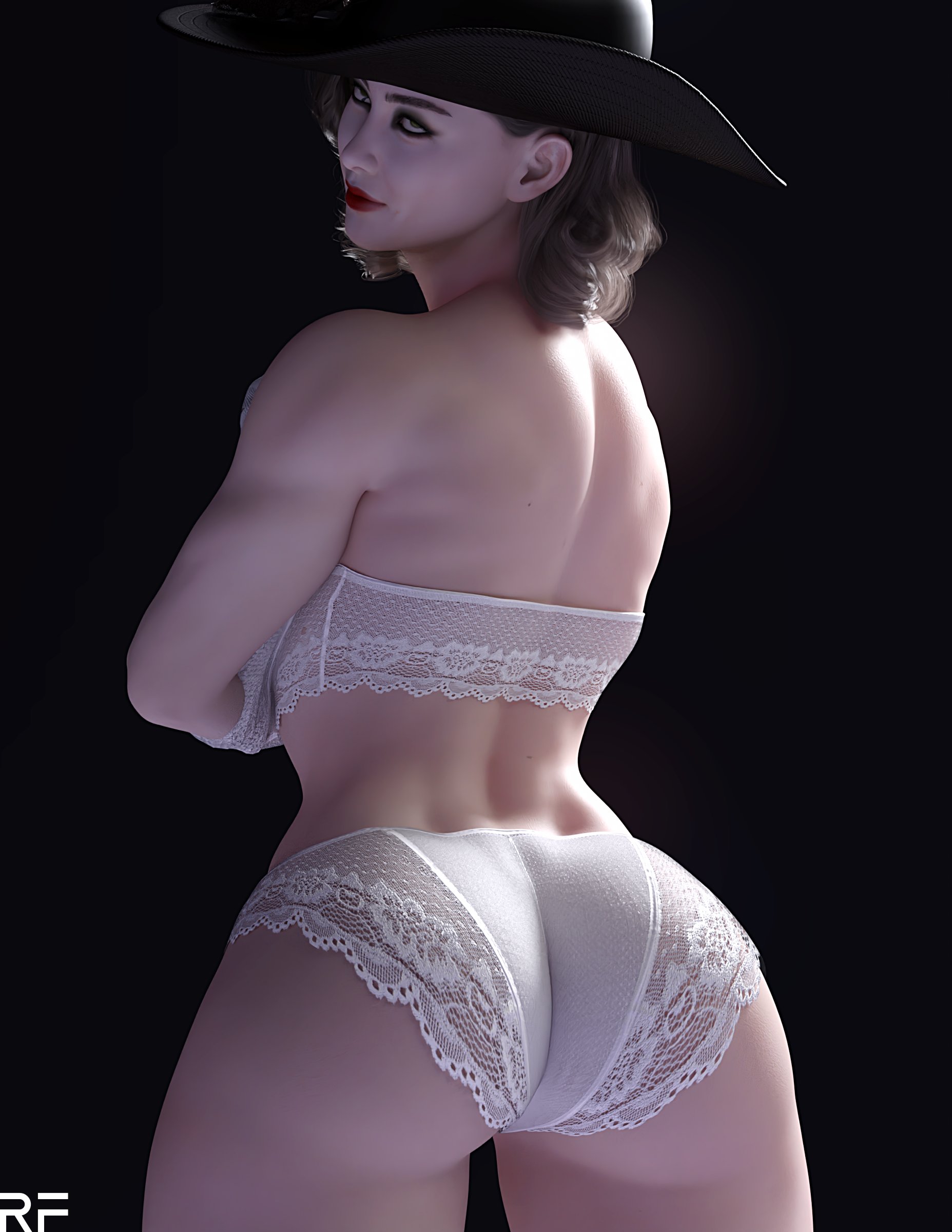 1girls, 3d, 3d (artwork), alcina dimitrescu, ass, big ass, big butt, black background, bra, brown hair, brunette, capcom, female, female focus, female only, frilly, frilly bra, frilly clothing, frilly panties, frilly underwear, from behind, hat, lace panties, lace-trimmed bra, lace-trimmed panties, light skin, light-skinned female, lingerie, lipstick, looking at viewer, looking back, pale skin, pale-skinned female, panties, picot trim, picot trim bra, picot trim panties, red lipstick, resident evil, resident evil 8: village, rude frog, simple background, solo, solo female, solo focus, standing, tagme, underwear, video game character, video games, white bra, white panties