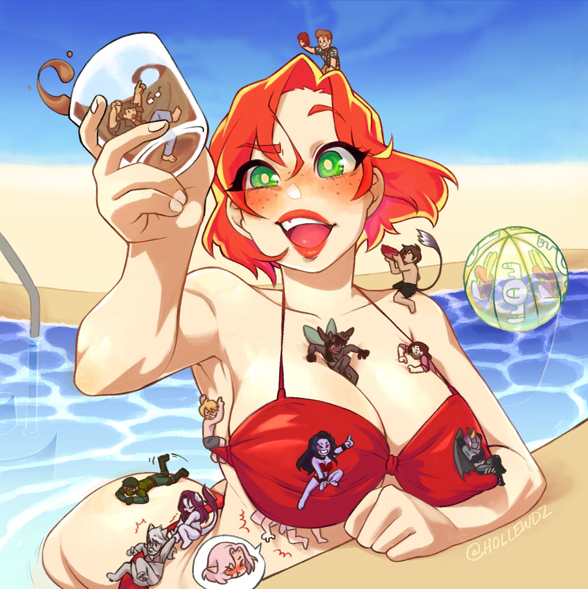 2021, 3boys, 6+girls, beach, beach ball, blonde hair, blush, bra, breasts, brown hair, cup, day, demon, demon girl, eyebrows, fairy, female, freckles, giantess, glasses, green eyes, grey hair, hair, holding, hollewdz, human, lips, lipstick, makeup, male, nails, orange eyebrows, orange hair, original, pink hair, purple hair, signature, summer, teeth, tongue, tongue out, water, wing, wolf