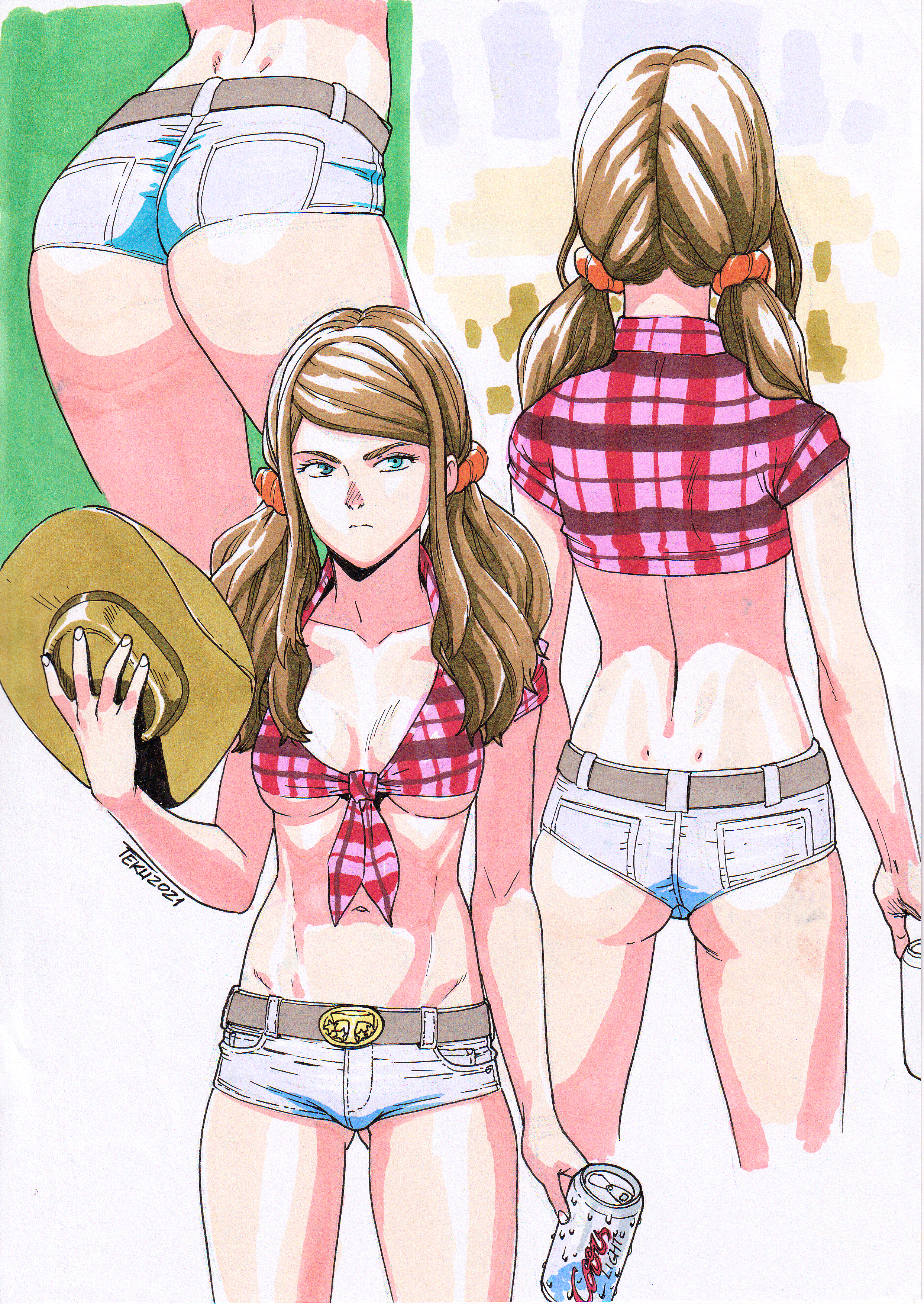 1girls, 2d, 2d (artwork), ass, ass hanging out of shorts, blue eyes, breasts, brown hair, cute, dimples of venus, farmer, farmgirl, female, hat, human, light skin, light-skinned female, long hair, marker (medium), medium breasts, micro shorts, original, serious look, short jeans, short shirt, short shorts, shorts, skimpy, skimpy clothes, solo, straight hair, tammy (tekuho), teenager, tekuho, thighs, tied shirt, twintails, underboob