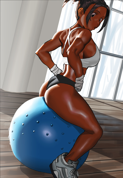 arung samudra (cessa), back muscles, breasts, cessa, dark skin, dark-skinned female, female, huge breasts, muscles, muscular, muscular female, sideboob, sweat, workout