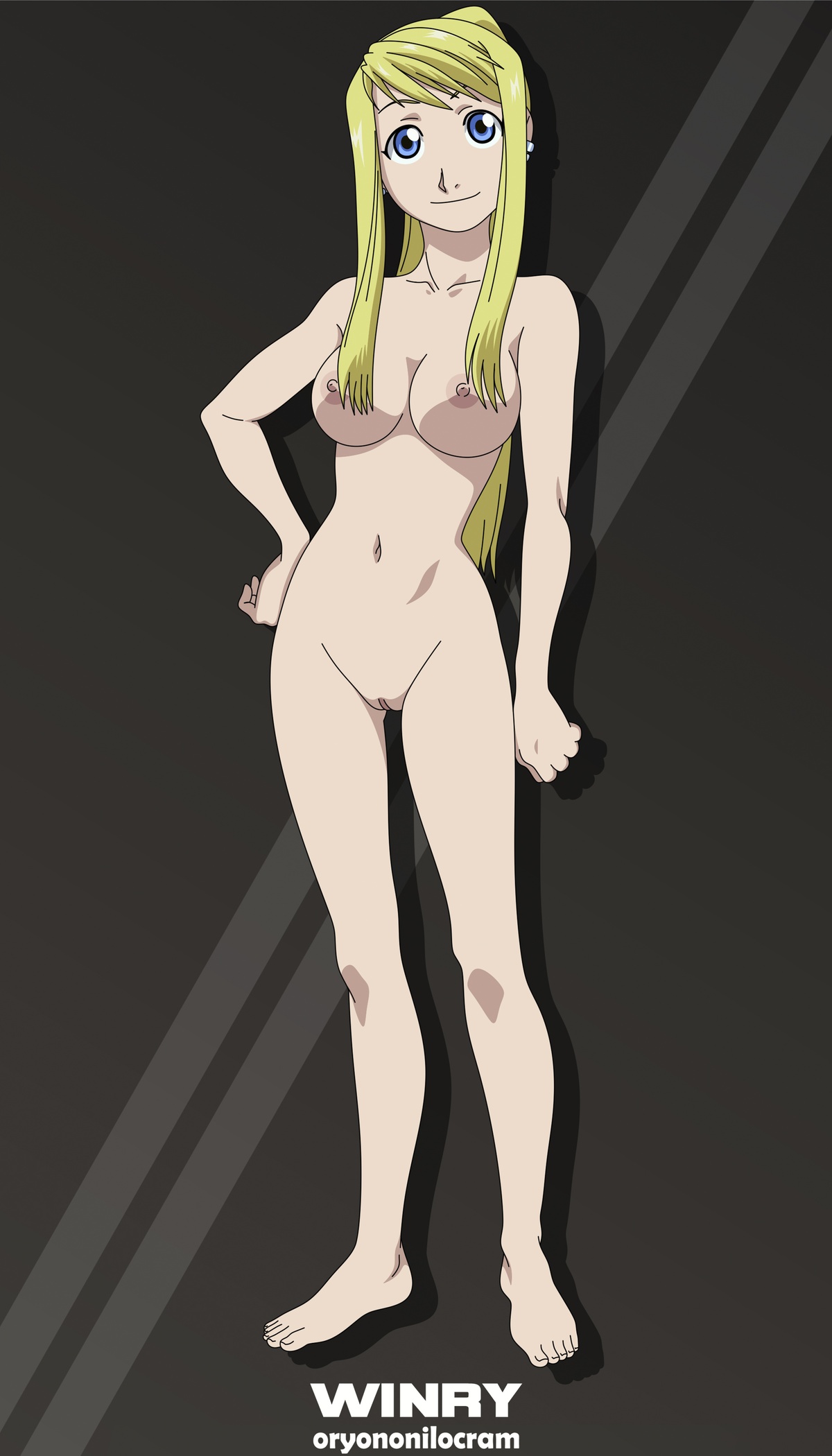 1girls, barefoot, big breasts, blonde hair, blue eyes, breasts, busty, completely nude, female, female only, fullmetal alchemist, looking at viewer, naked, nipples, nude, nude female, oryononilocram, pussy, shaved pussy, smile, smiling at viewer, solo, solo female, vagina, winry rockbell