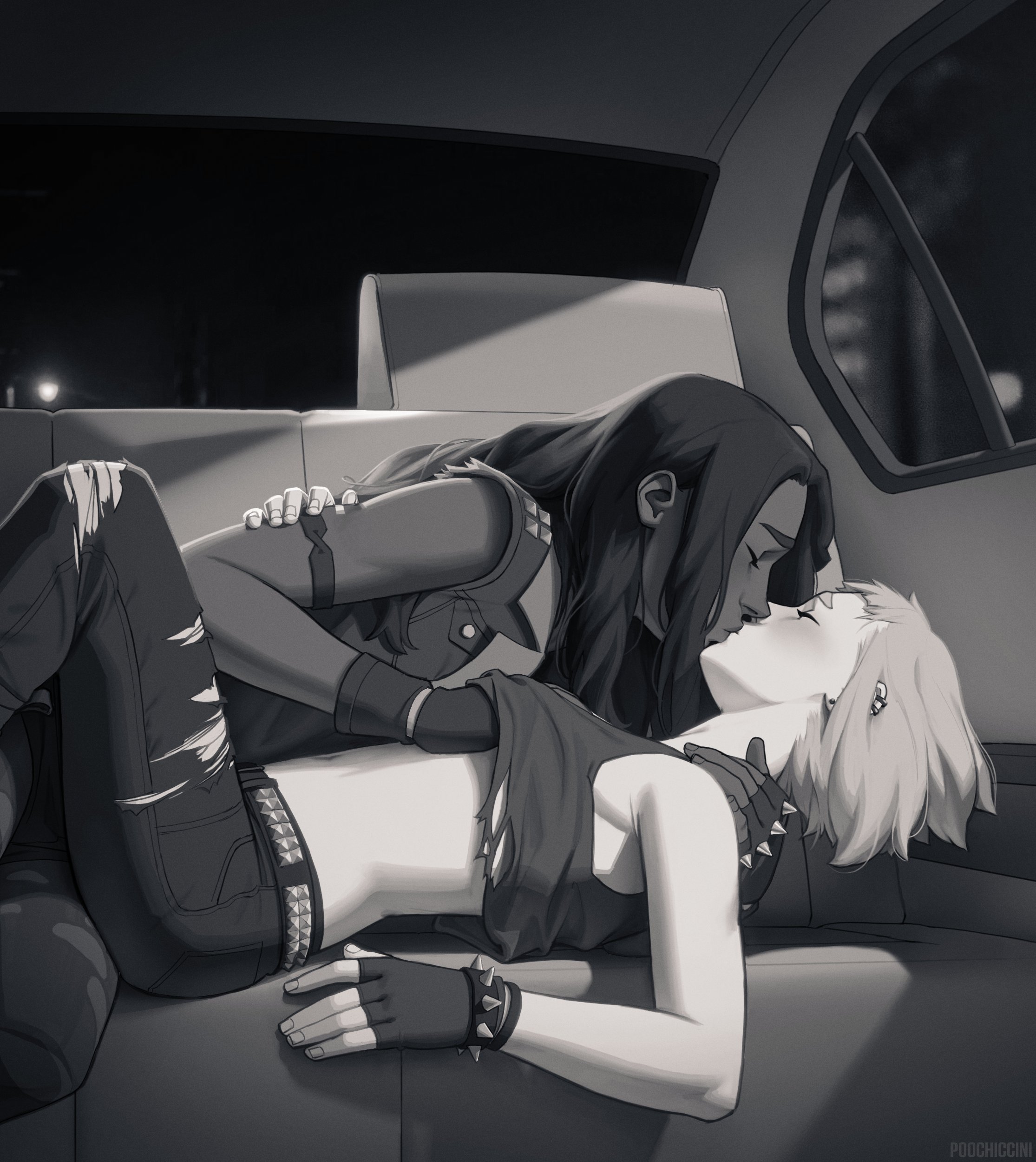 2girls, backseat, black and white, bob cut, breasts, car, chocolate and vanilla, crop top, dark skin, dark-skinned female, embrace, female, fingerless gloves, groping breasts, groping under clothes, hand under clothes, hand under shirt, human, humanized, imminent sex, interracial, kissing, light skin, light-skinned female, long hair, making out, marina (splatoon), monochrome, nintendo, pale skin, pearl (splatoon), poochiccini, punk, punk girl, ripped jeans, ripped pants, romantic, romantic couple, short hair, spiked armband, splatoon, studded belt, vehicle, wholesome, yuri