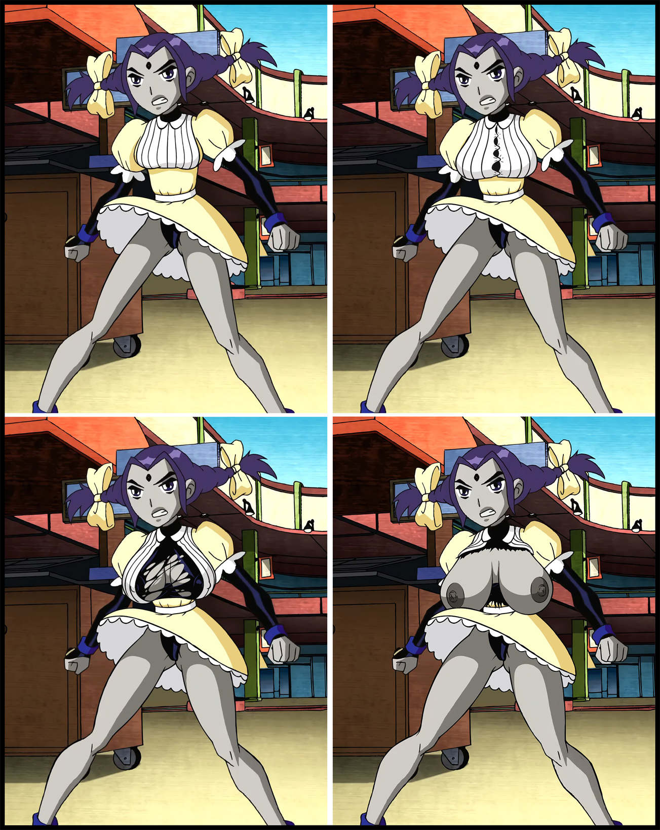 bare legs, big breasts, breast expansion, breast growth, breast growth (enlargement), breast inflation, breasts, breasts out, comic, dc, dc comics, dress, edit, erect nipples, expansion, female, female focus, female only, forehead jewel, grey nipples, huge breasts, huge nipples, leotard, light skin, light-skinned female, long hair, monkeyman (artist), nipple bulge, nipples, pale skin, pale-skinned female, purple hair, rachel roth, raven (dc), raven (dc) (mother mae eye), ripped clothing, screenshot edit, teen titans, twintails, wardrobe malfunction