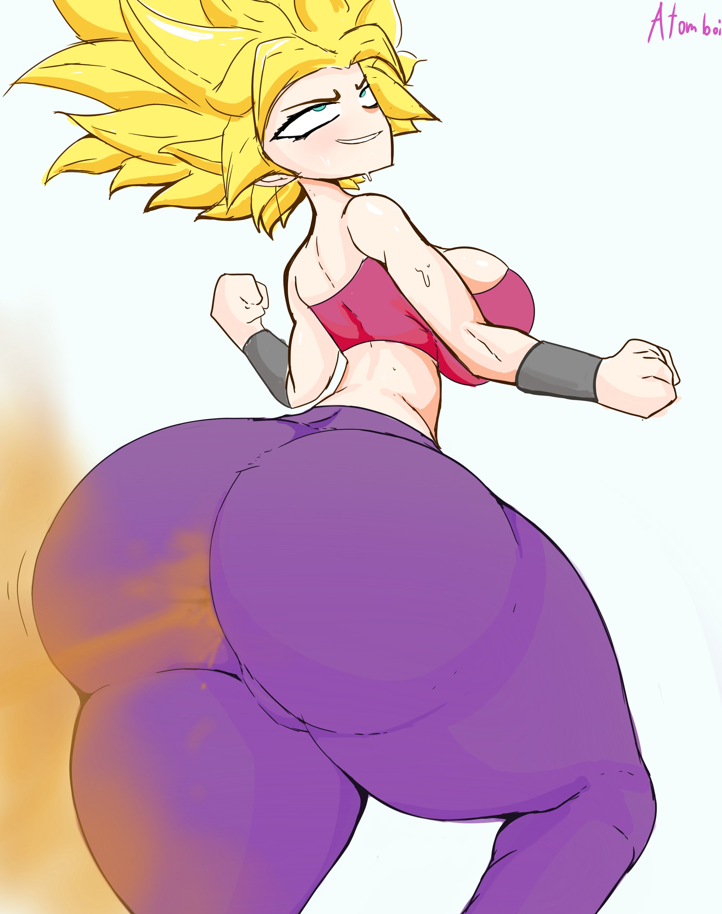 1girls, adomo, ass, atomboi (artist), breasts, caulifla, dragon ball, dragon ball z, embarrassed, fart, fart cloud, fart everywhere, fart fetish, farting, female, full of gas, gassy, huge ass, muscular, no eyewear, super saiyan, thick thighs, yellow hair