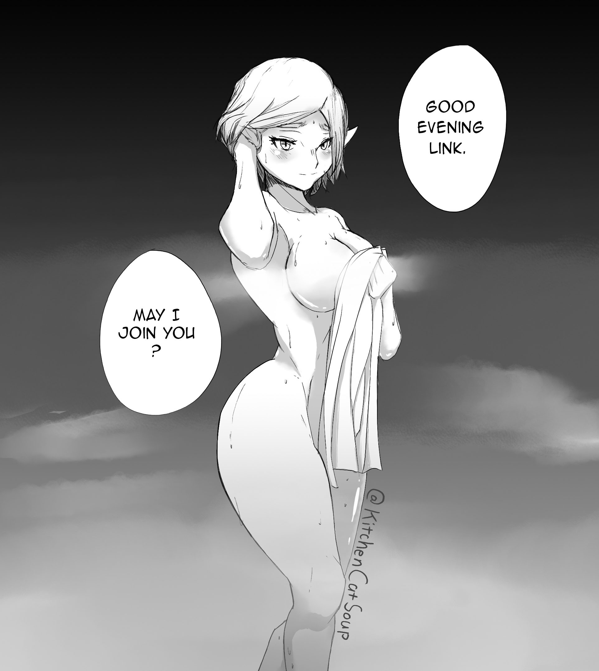 1girls, 2021, absurd res, artist name, ass, big ass, blush, breasts, covering, covering breasts, english text, female, female only, greyscale, hand on head, highres, holding towel, hylian, inviting, kitchencatsoup, large breasts, long ears, monochrome, nintendo, nude, pointy ears, princess zelda, short hair, signature, smile, solo, speech bubble, standing, steam, tears of the kingdom, text, the legend of zelda, thick thighs, thighs, towel, twitter username, wet, wide hips, zelda (tears of the kingdom)