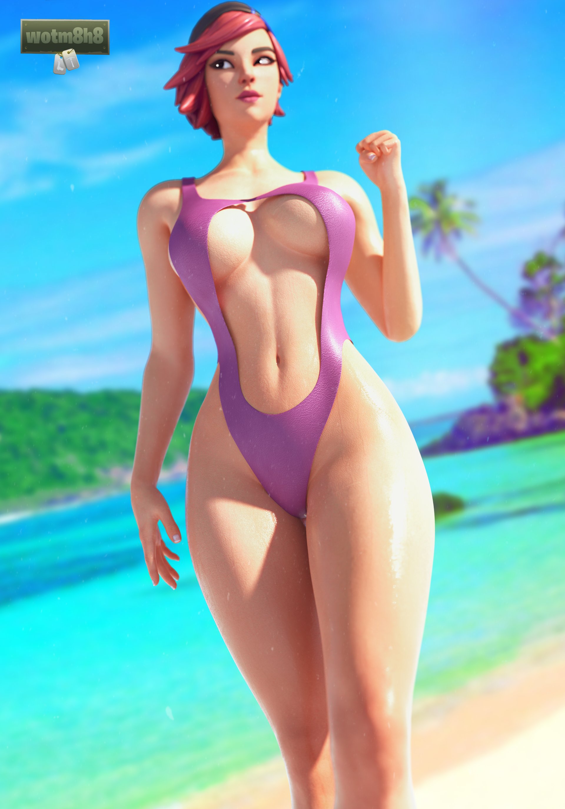 1girls, 3d, 3d (artwork), female, female only, fortnite, hat, looking away, nitebeam (fortnite), partially clothed, pink hair, short hair, sling bikini, solo, swimsuit, tagme, thick thighs, wide hips, wotm8h8