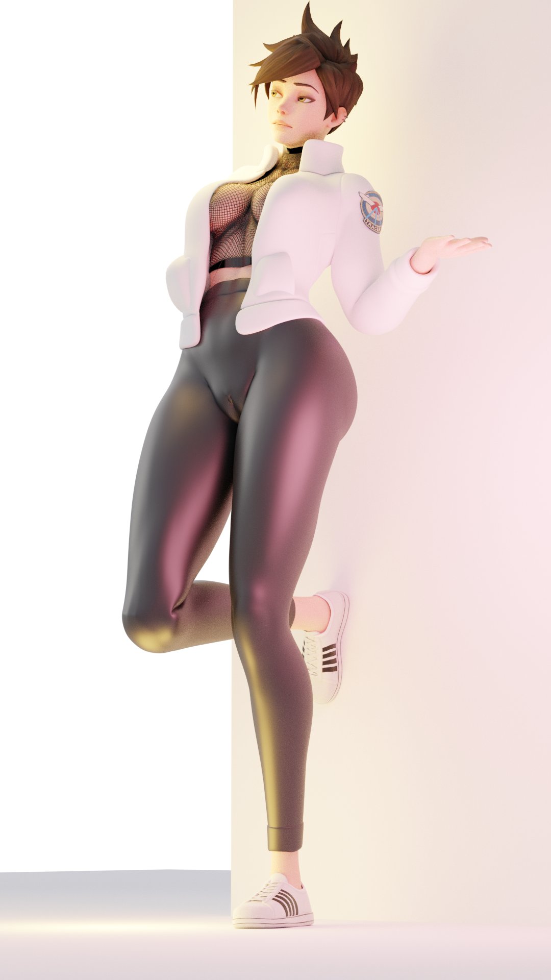 1girls, 3d, ass, big ass, brown hair, cameltoe, female, fishnet shirt, hourglass figure, jacket, large ass, looking away, moonroomoom, no eyewear, overwatch, pussy, skin tight, spiky hair, thick thighs, tracer, voluptuous, wide hips, yellow eyes
