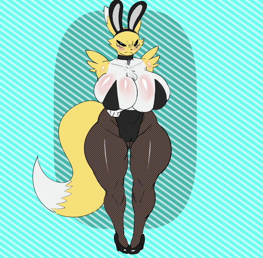 absurd res, anthro, bandai namco, big breasts, breasts, bunny costume, cameltoe, canid, chest tuft, cleavage, clothed, clothing, costume, digimon, digimon (species), female, fur, hi res, mammal, pussy, redmoon83, renamon, solo, tuft, wide hips, yellow body, yellow fur