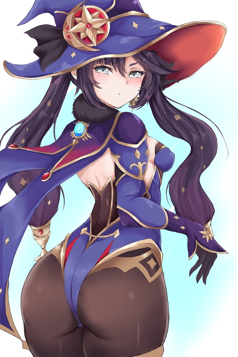 1girls, aqua eyes, ass, breasts, clothed, clothing, ear piercing, female, genshin impact, hand on ass, hat, lipstick, long hair, looking at viewer, mona (genshin impact), purple hair, ryo pleple, sideboob, solo, twintails, white background, white skin