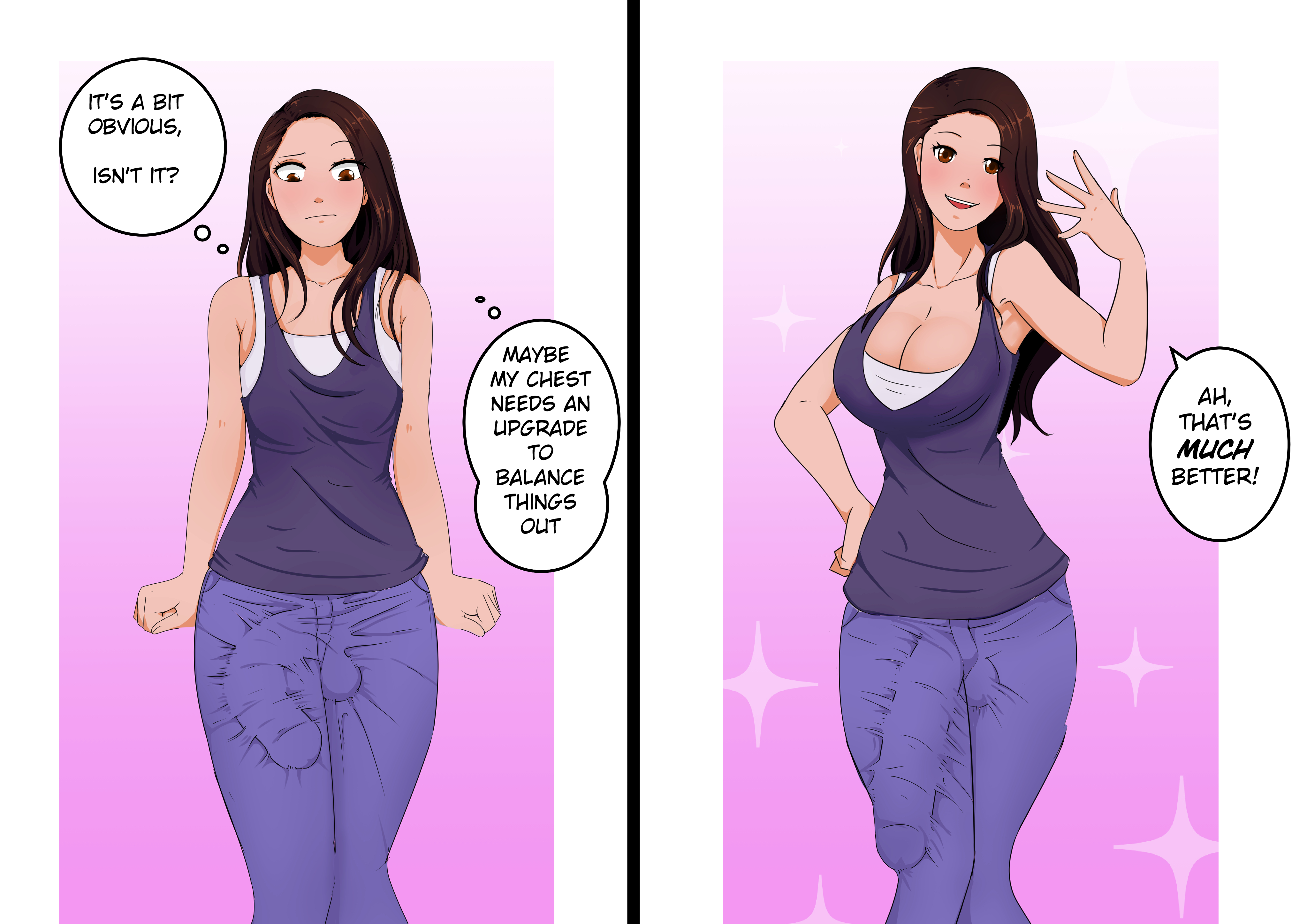 1futa, balls, big balls, big breasts, breast expansion, breast growth, breast growth (enlargement), breasts, brown hair, bulge, bulge down leg, clothed, clothing, fully clothed, futa only, futanari, huge bulge, huge cock, human, intersex, light skin, light-skinned futa, maddie slate, pale skin, penis, speech bubble, standing, thought bubble, yukiponi