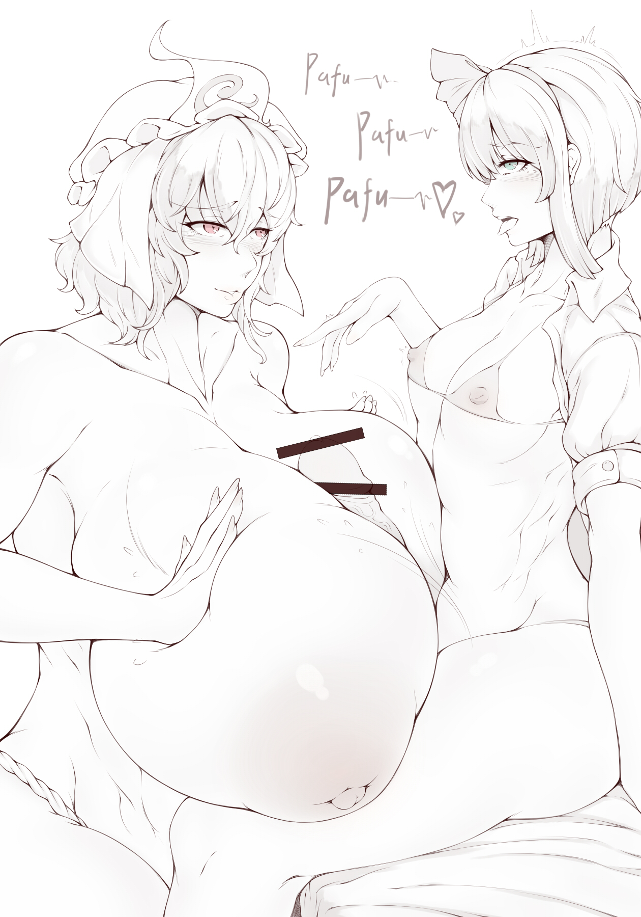 1futa, 1girls, areolae, bar censor, bikini top, breasts, censored, censored penis, clothing, duo, elun (meido), female, futa on female, futanari, huge breasts, human, intersex, light skin, line art, mostly nude, nude, paizuri, pale skin, penis, rolling eyes, sitting, small breasts, text, tongue, tongue out, touhou, youmu konpaku, yuyuko saigyouji