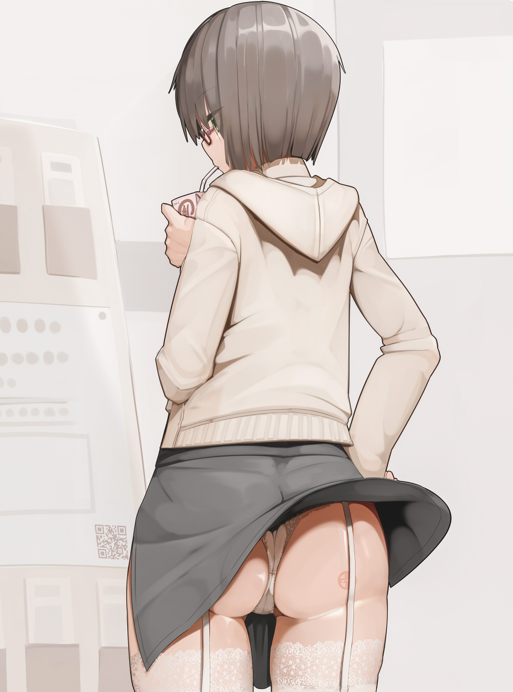 brown hair, drinking straw, female, genek, green eyes, highres, straw, thighhighs, upskirt, zettai ryouiki