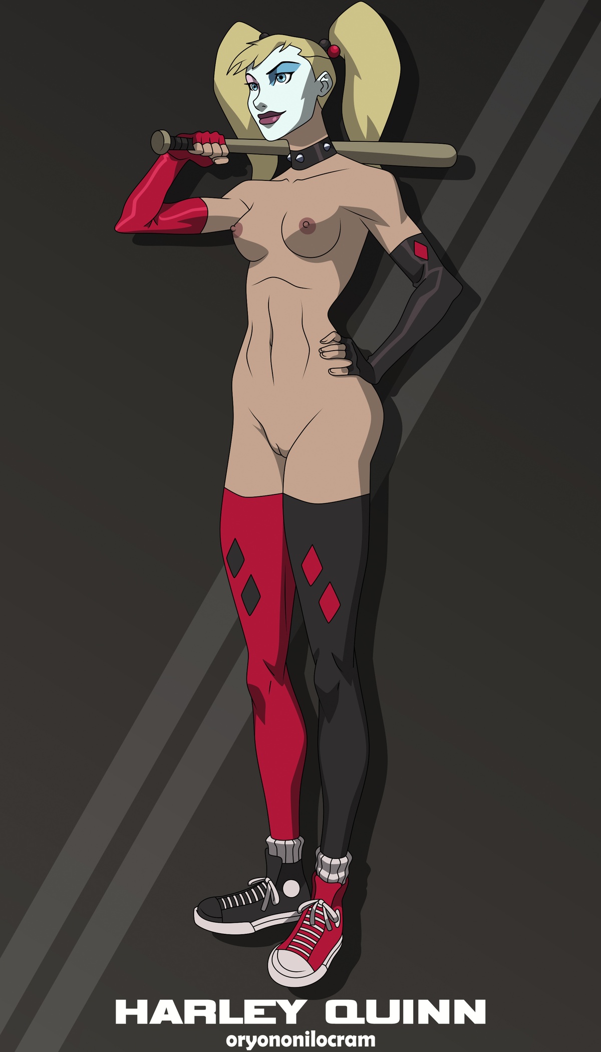 clothing, dc, dc comics, exposed torso, female, footwear, handwear, harley quinn, human, innie pussy, mostly nude, naked footwear, neckwear, oryononilocram, pussy, tagme, weapon