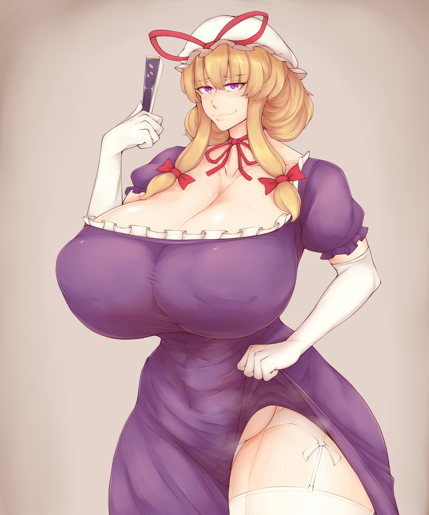 abs, blonde hair, breasts, chubby, clothed, dress, dress lift, elun (meido), female, huge areolae, huge breasts, hyper, hyper breasts, milf, muscular, muscular female, nipple bulge, ribbon, seductive, seductive look, seductive smile, sweat, touhou, white gloves, white lingerie, yukari yakumo