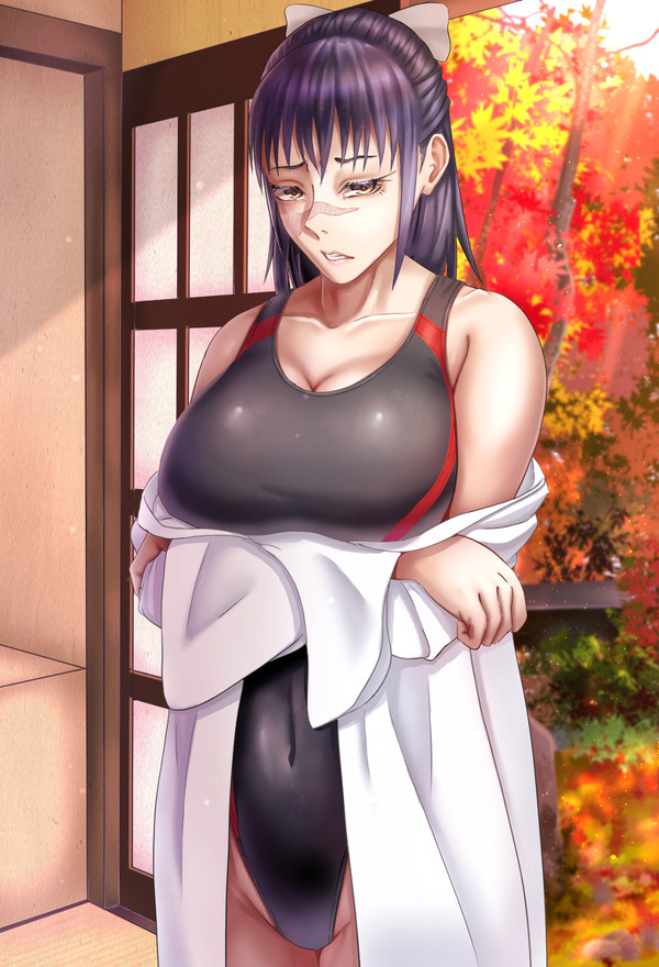1girls, big breasts, breasts, competition swimsuit, disgusted, female, jujutsu kaisen, nervous, one-piece swimsuit, purple hair, scar, shy, swimsuit, utahime iori