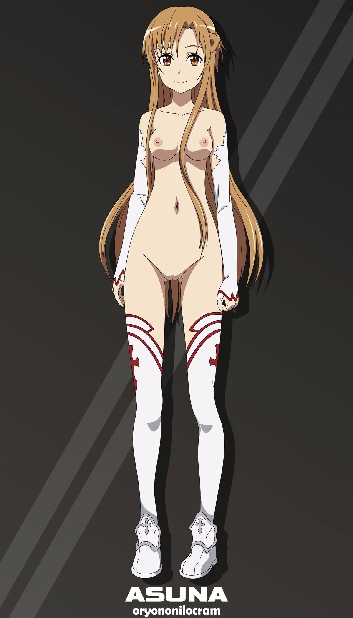 1girls, boobs, breasts, completely nude, exposed torso, female, female only, footwear, handwear, innie pussy, legwear, long hair, medium breasts, naked, naked footwear, nipples, nude, nude female, orange eyes, orange hair, oryononilocram, pussy, shaved pussy, solo, solo female, sword art online, tits, vagina, white legwear, yuuki asuna