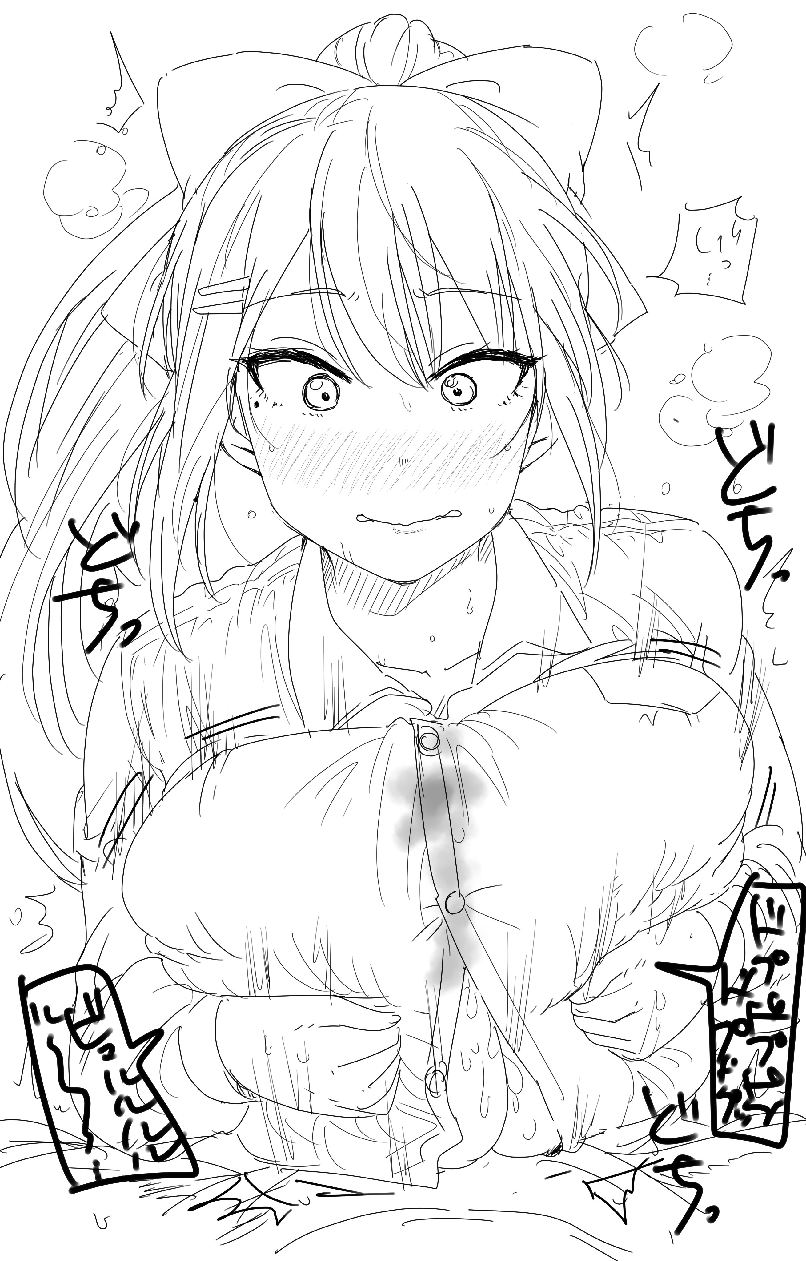 1boy, 1girls, alternate breast size, asian, asian female, big breasts, blush, breasts, button gap, cum, cum between breasts, cum on breasts, dress shirt, ejaculation between breasts, embarrassed, engulfing paizuri, female, hair ribbon, higuchi kaede, huge breasts, japanese text, kaiman garupan, large breasts, male, nijisanji, paizuri, paizuri lead by female, paizuri on lap, paizuri under clothes, penis, straight, text, tomboy, translation request, virtual youtuber
