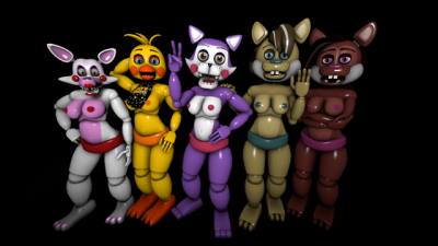 5girls bib breast_hold breasts breasts_out buillk8 cindy_(fnac) fazbear_fanverse five_nights_at_candy's five_nights_at_freddy's five_nights_at_freddy's_2 hand_on_hip hip_focus hips mangle_(fnaf) multiple_girls panties poor_quality popgoes saffron_(popgoes) sara_(popgoes) shoulder_grab toy_chica_(fnaf) underwear wave