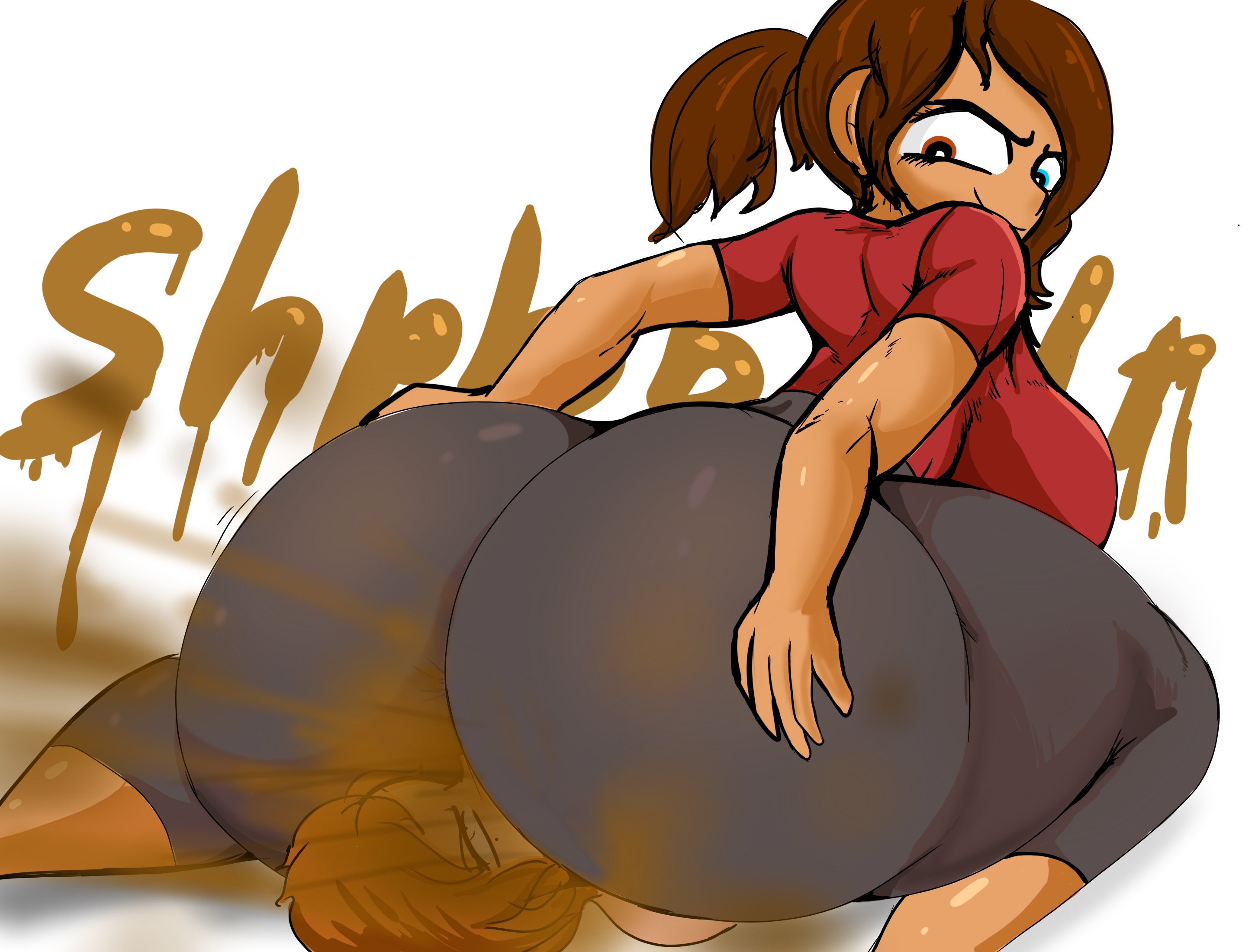 adomo, ass, ass focus, ass on face, atomboi (artist), big ass, big breasts, big butt, black pants, breasts, brown hair, dark skin, dark-skinned female, facefart, facefarting, facesitting, fart, fart cloud, fart everywhere, fart fetish, farting, farting in face, farting on another, farting on face, female, female only, hands on ass, heterochromia, huge ass, huge butt, legs spread, onomatopoeia, red shirt, tight clothing