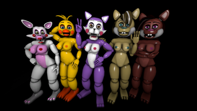 5girls breast_hold breasts breasts_out buillk8 cindy_(fnac) fazbear_fanverse five_nights_at_candy's five_nights_at_freddy's five_nights_at_freddy's_2 hand_on_hip hip_focus hips mangle_(fnaf) multiple_girls poor_quality popgoes saffron_(popgoes) sara_(popgoes) shoulder_grab toy_chica_(fnaf) vagina vulva wave