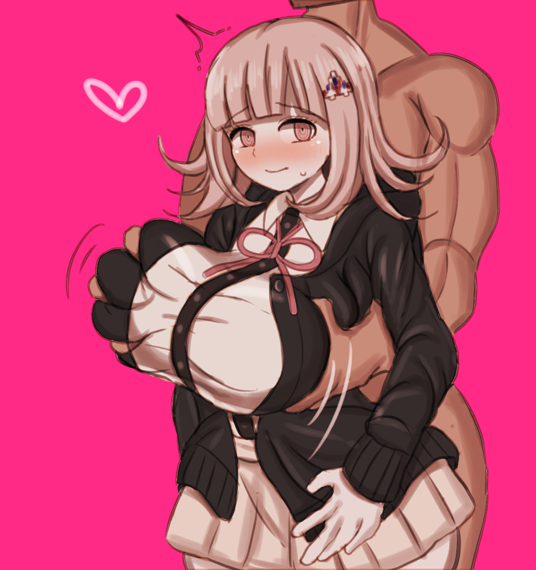 1girls, big breasts, blush, breast grab, breast squeeze, breasts, cfnm, danganronpa, danganronpa 2: goodbye despair, double breast grab, faceless male, female, fondling, grabbing from behind, groping, huge breasts, male, nanami chiaki, netorare, ntr, pencil3693, straight hair