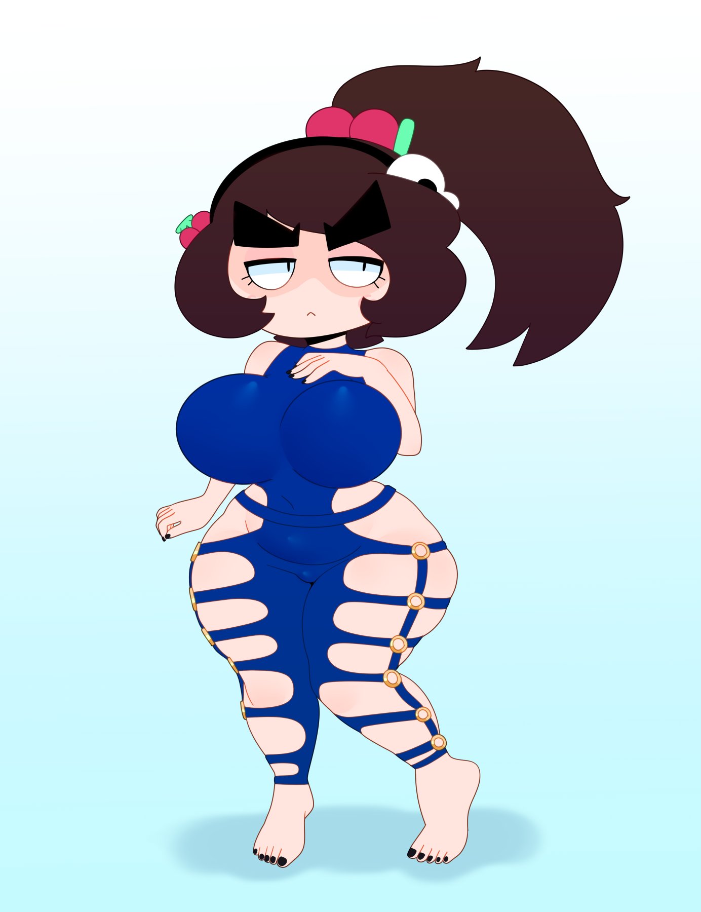1girls, angry, big breasts, black nails, blue dress, breasts, brown hair, dress, facing viewer, female, female only, femscrub (somescrub), huge breasts, looking away, milf, original, ponytail, somescrub, tagme, thick thighs, twitter, wide hips