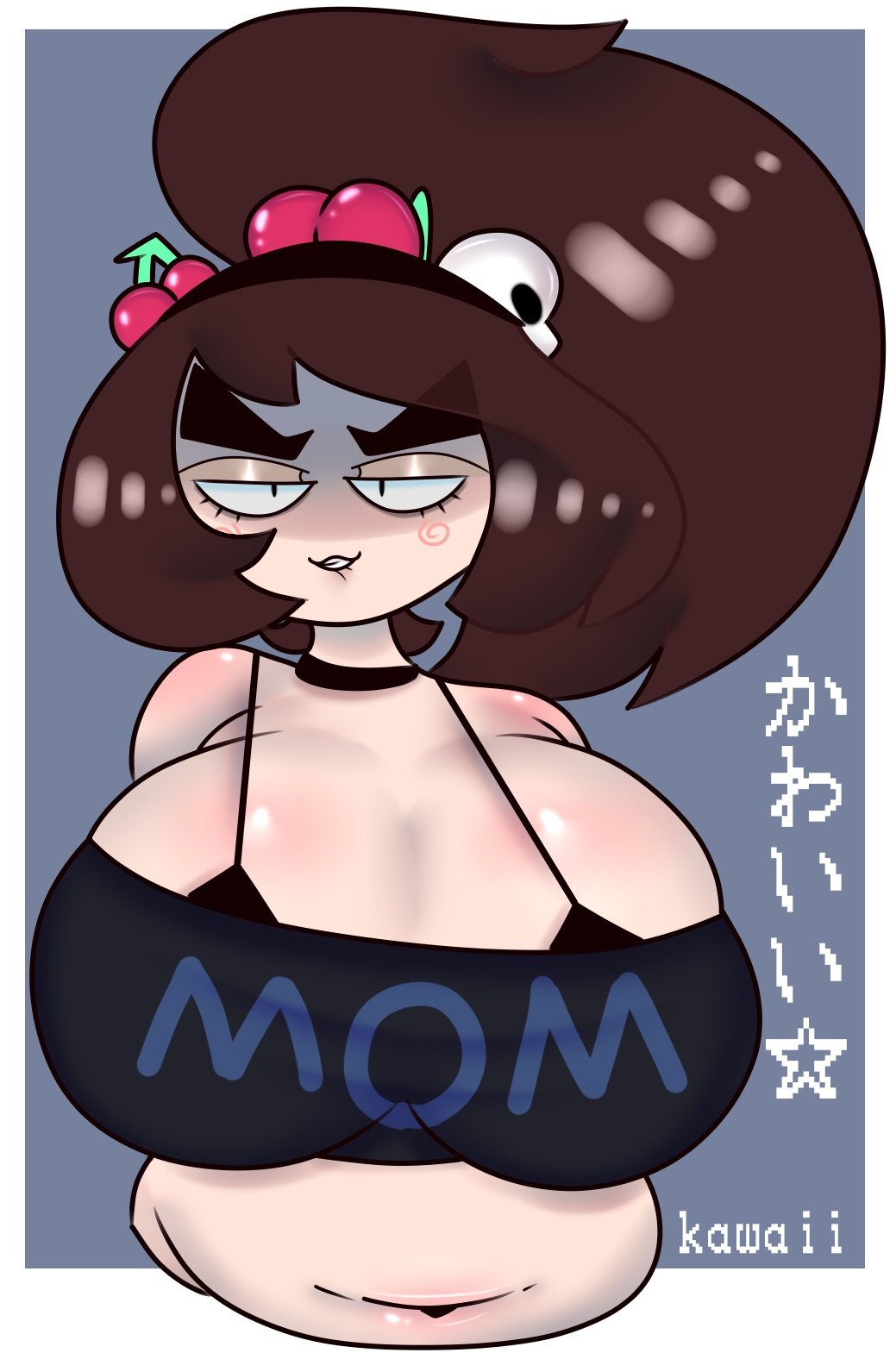 :3, 1girls, artist request, big breasts, biting lip, black tank top, breasts, brown hair, choker, chubby, cleavage, female, femscrub (somescrub), huge breasts, japanese text, looking at viewer, milf, ponytail, somescrub, tagme, tank top, text, twitter