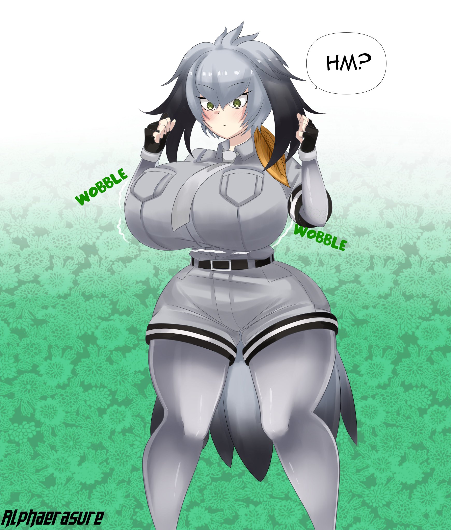 1girls, 2021, alphaerasure, big breasts, breast expansion, breast growth, breast growth (enlargement), breasts, female, female only, grey hair, huge breasts, kemono friends, onomatopoeia, shoebill (kemono friends), solo, solo female, thick, thick thighs, wide hips, wobble, wobbling breasts