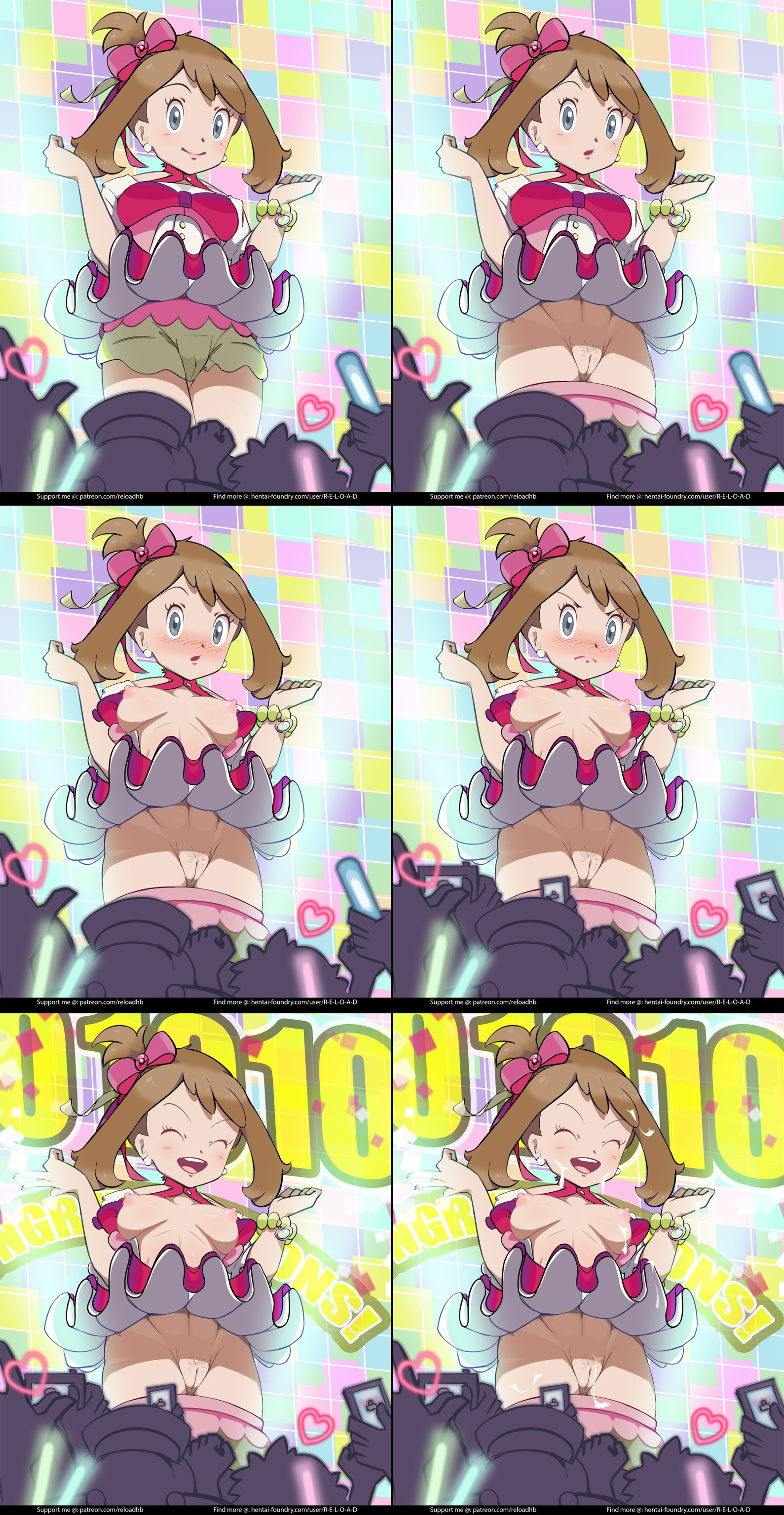 1girls, 2019, alternate costume, breasts, breasts out, busty, comic, contest dress, crowd, female, female focus, game freak, hourglass figure, may (pokemon oras), may (pokemon), nintendo, official alternate costume, pokemon, pokemon oras, public, public nudity, public sex, r-e-l-o-a-d, reloadhb, skirt lift, upskirt, wide hips