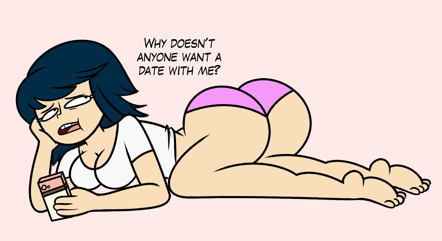 1girls, asian, ass, barefoot, big ass, blue hair, bored, breasts, bridgette hashima, bubble ass, bubble butt, cleavage, close enough, clothing, english text, feet, female, female only, hair, kneeling, medium breasts, no pants, on knees, open mouth, panties, partially clothed, phone, pink panties, pose, semidraws, solo, solo female, t-shirt, text, thighs, toes