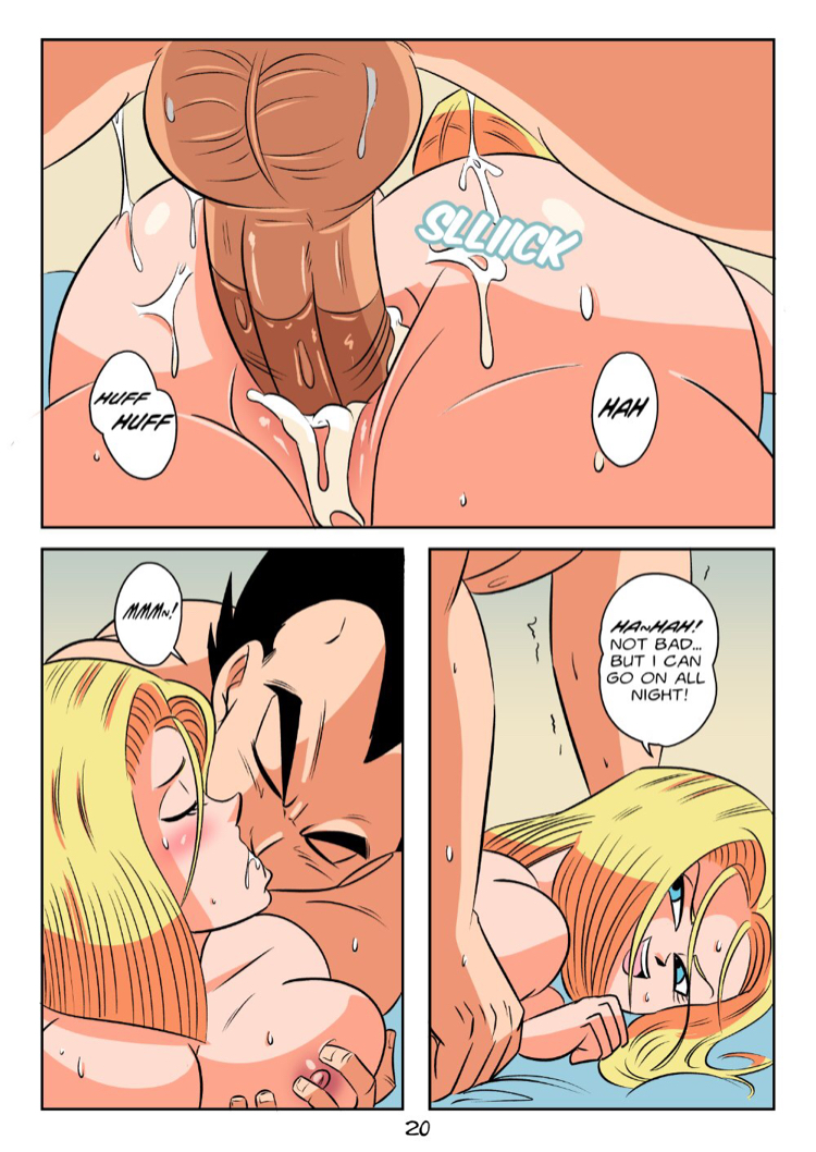 1boy, 2girls, android 18, ass, backsack, balls, ballsack, blonde hair, blue eyes, blue hair, breasts, bulma briefs, comic, cum in pussy, dialogue, doggy style, dragon ball, dragon ball super, dragon ball z, english text, female, female focus, funsexydragonball, huge breasts, interspecies, kissing, lazuli (dragon ball), male, page 20, sex, shounen jump, text, threesome, vaginal penetration, vegeta