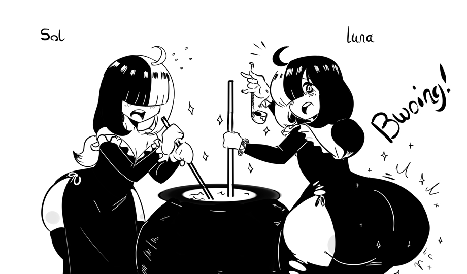 2boys ass ass_expansion black_hair blush brew cauldron dress femboy hips kansais ladle large_ass long_hair male male_focus male_only no_color potion short_hair sparkle thick_thighs thighs white_background white_hair wide_hips witch