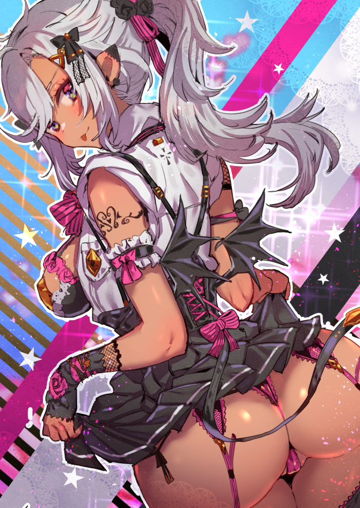 1girls ahoge ass back_view bangs bare_shoulders blush bottomless breasts censored cleavage cowboy_shot dark-skinned_female dark_jeanne dark_persona dark_skin demon_girl demon_wings dutch_angle ear_covers feather_hair_ornament feathers female female_focus female_only g-string garter_belt garter_straps granblue_fantasy hair_ornament heart heart_tattoo holding holding_clothes holding_panties holding_underwear jeanne_d'arc_(granblue_fantasy) lingerie long_hair looking_at_viewer looking_back looking_back_at_viewer mischievous_smile navel panties particles_(artist) pink_g-string pink_garter_belt pink_garter_straps playful ponytail presenting_panties red_eyes simple_background skirt skirt_lift solo stomach tajima_ryoushi tajima_ryuushi translation_request underwear wavy_mouth white_background white_hair wings