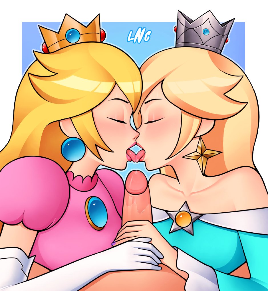 1boy, 2girls, bare shoulders, bisexual, bisexual female, blonde hair, blue background, blue dress, closed eyes, clothed female nude male, clothing, crown, dress, earrings, elbow gloves, female, female focus, ffm threesome, french kiss, fully clothed, gloves, hand on penis, handjob, kissing, long hair, loodncrood, male, mario (series), multiple females, multiple girls, nail polish, nintendo, open mouth, oral, penis, pink dress, pov, princess peach, princess rosalina, saliva, saliva on penis, simple background, super mario galaxy, threesome, tongue, tongue out, unseen male face, white border, yuri