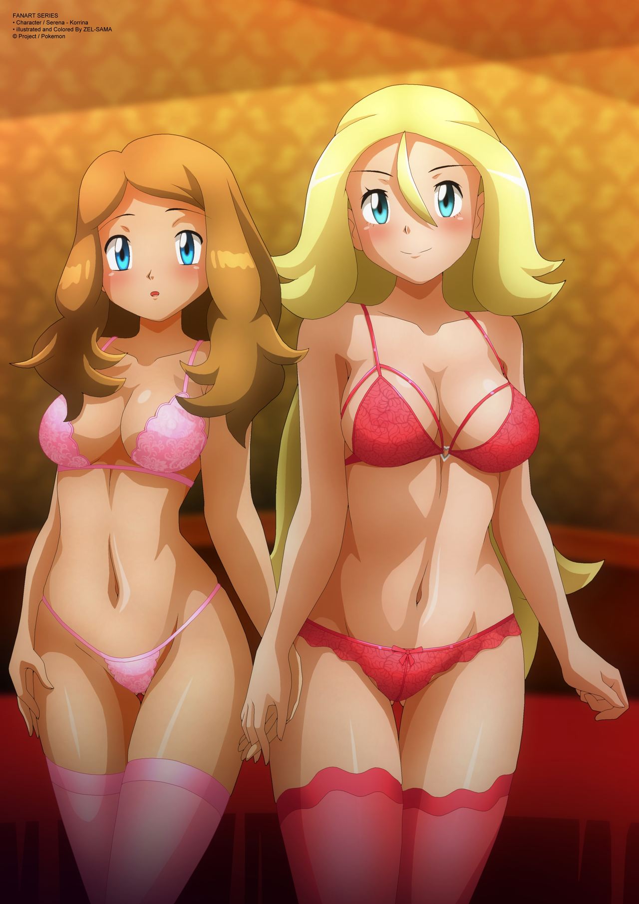 2girls korrina_(pokemon) lingerie pokemon pokemon_trainer pokemon_xy serena_(pokemon) yukino_memories zel-sama