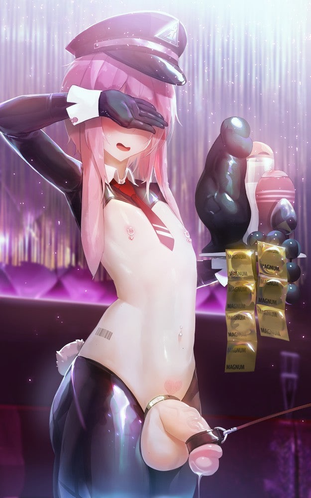 1boy, anal beads, anal plug, ansel (arknights), arknights, balls, bangs, big balls, big penis, bunny tail, buttplug, clothed, clothing, cock ring, condoms, cum, detached sleeves, dildo, femboy, functionally nude, functionally nude femboy, gloves, hat, heart, human, hung trap, knot, leaking, leash, light skin, light-skinned male, male, male only, mo ne, mostly nude, nipple rings, pale skin, penis, penis leash, piercing, pink hair, precum, salute, solo, standing, tie, trap, tray