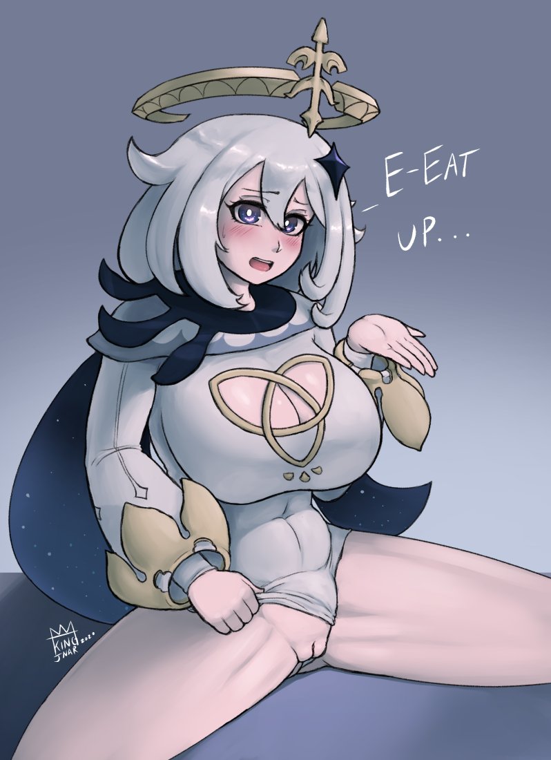1girls, aged up, alternate breast size, big breasts, blush, breasts, eye contact, female, genshin impact, hair ornament, kingjnar, leotard, looking at viewer, paimon (genshin impact), presenting, presenting pussy, pussy, short hair, silver hair, spread legs, text