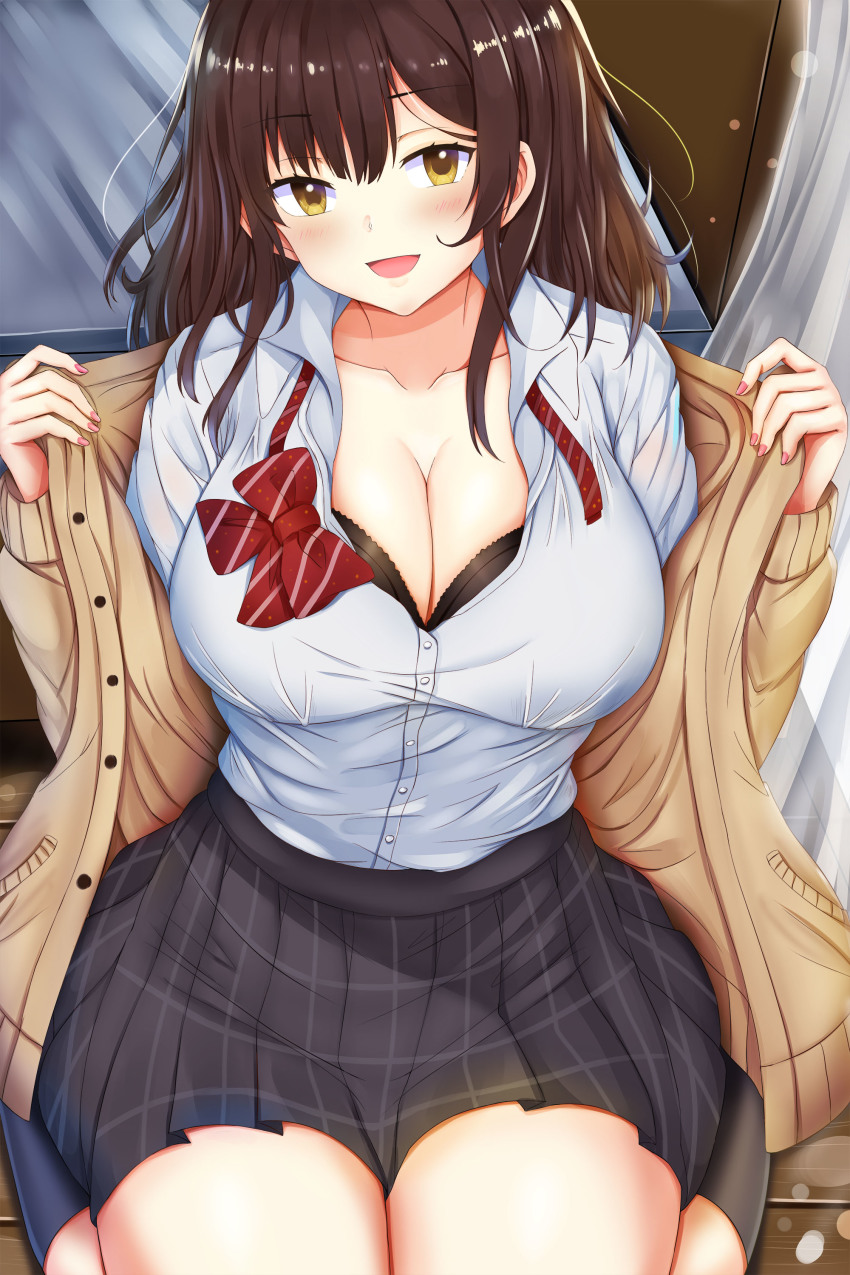 black skirt, blush, bra cups sticking out, breasts, cleavage, dress shirt, eyebrows visible through hair, female, hige wo soru. soshite joshikousei wo hirou., large breasts, miniskirt, ogiwara sayu, plaid skirt, pleated skirt, ribbon, skirt, thigh highs