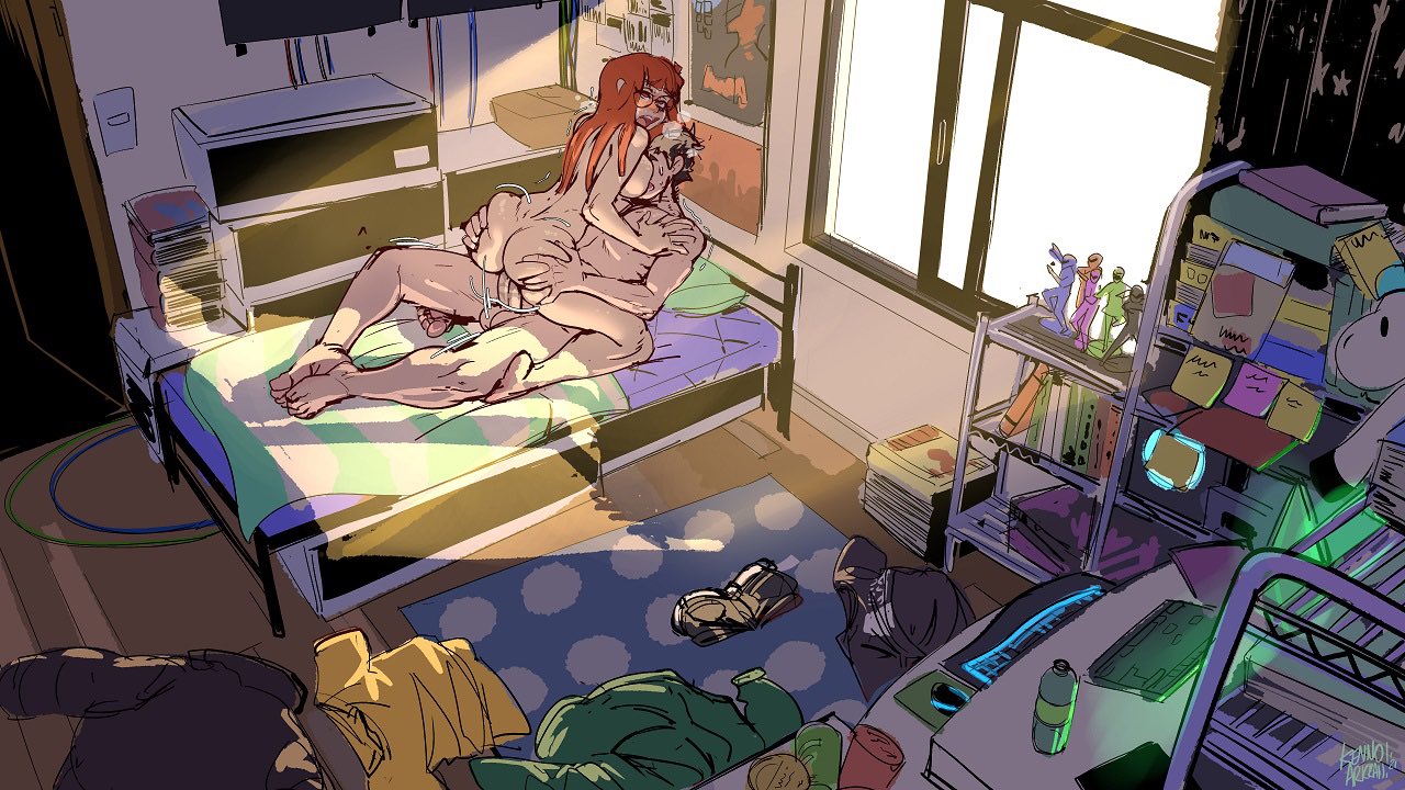 1boy, 1girls, ass, ass squeeze, ass squish, bed, bedroom, blonde hair, blush, breasts, cheating, cowgirl position, dyed hair, face in breasts, female, glasses, hands on ass, kenno arkkan, long hair, male, netorare, nude, open mouth, orange hair, persona, persona 5, ryuji sakamoto, sakura futaba, sex, story at source, straight