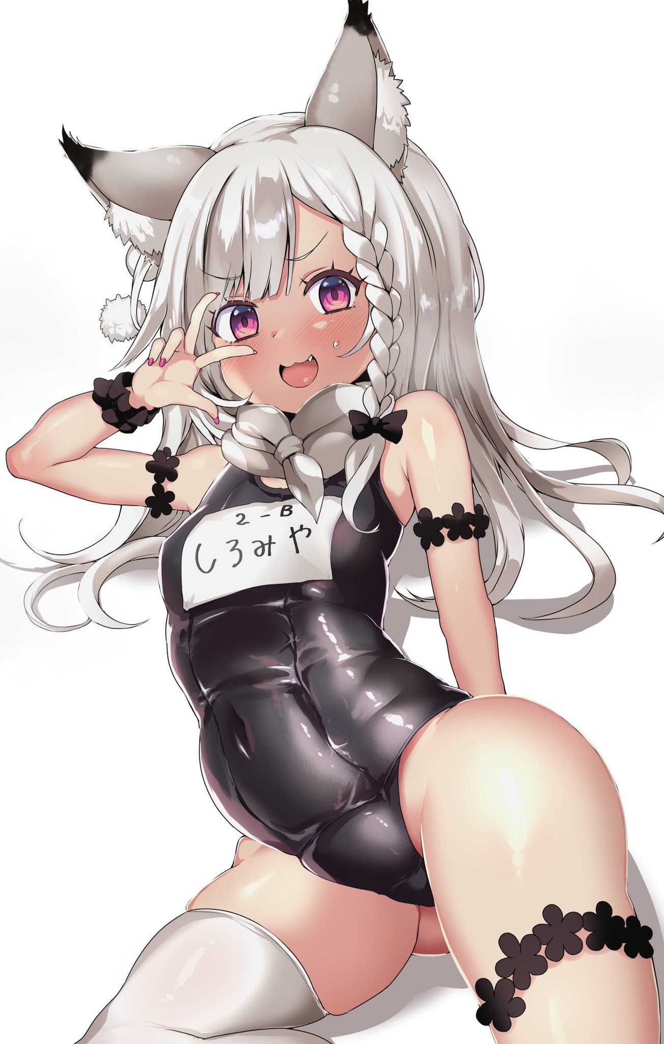 1girls, animal ears, animare, ass visible through thighs, atahuta, blush, braided hair, breasts, chubby, female, kemonomimi, looking at viewer, nanashi inc., one-piece swimsuit, peace sign, school swimsuit, shiromiya mimi, small breasts, solo, swimsuit, thick thighs, thigh strap, thighhighs, v, virtual youtuber, white hair