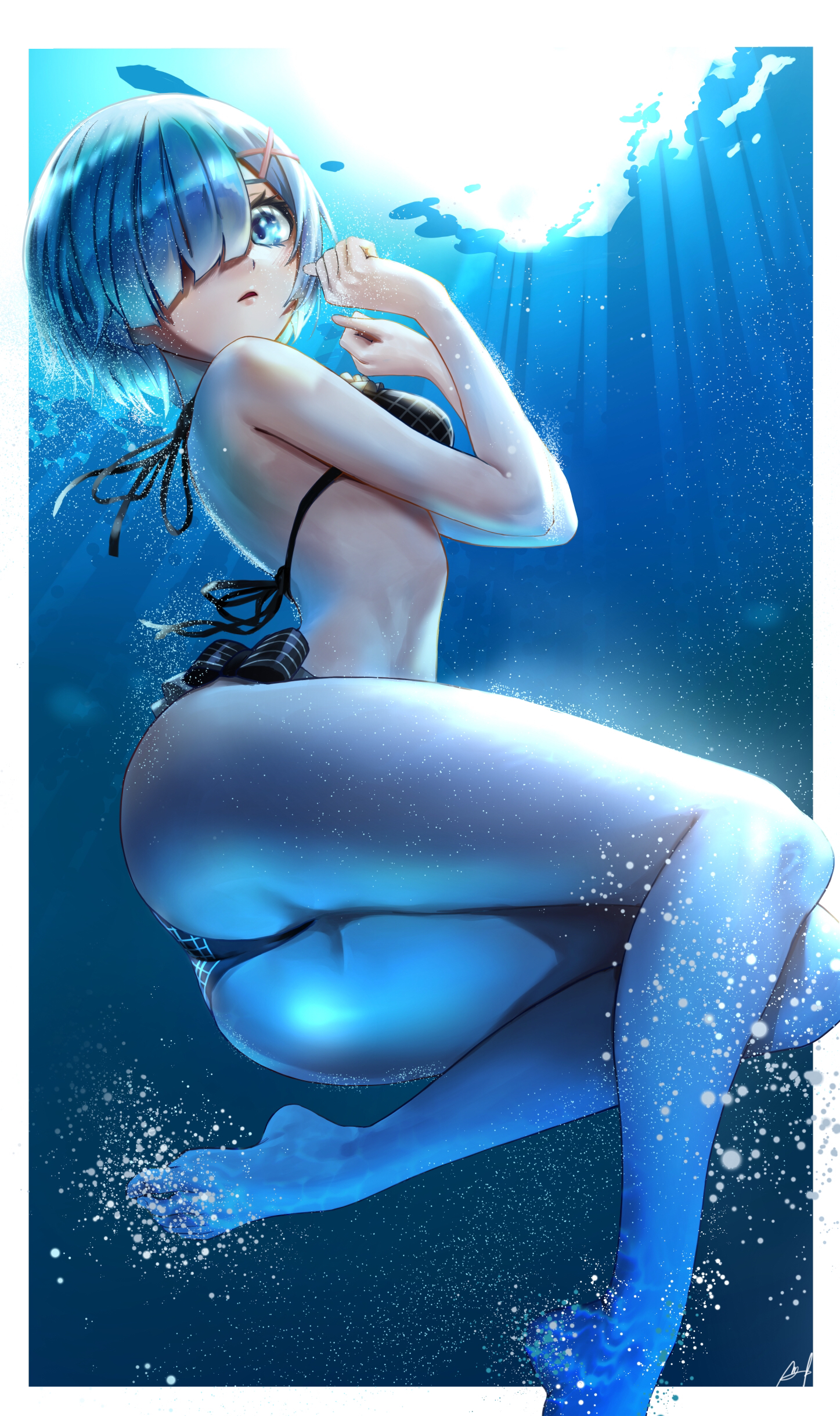 ass, bikini, blue eyes, blue hair, bubble, female, hair over one eye, hairclip, hi res, kos-owl, looking at viewer, pinup, re:zero kara hajimeru isekai seikatsu, rem (re:zero), short hair, side-tie bikini, solo, solo focus, underwater