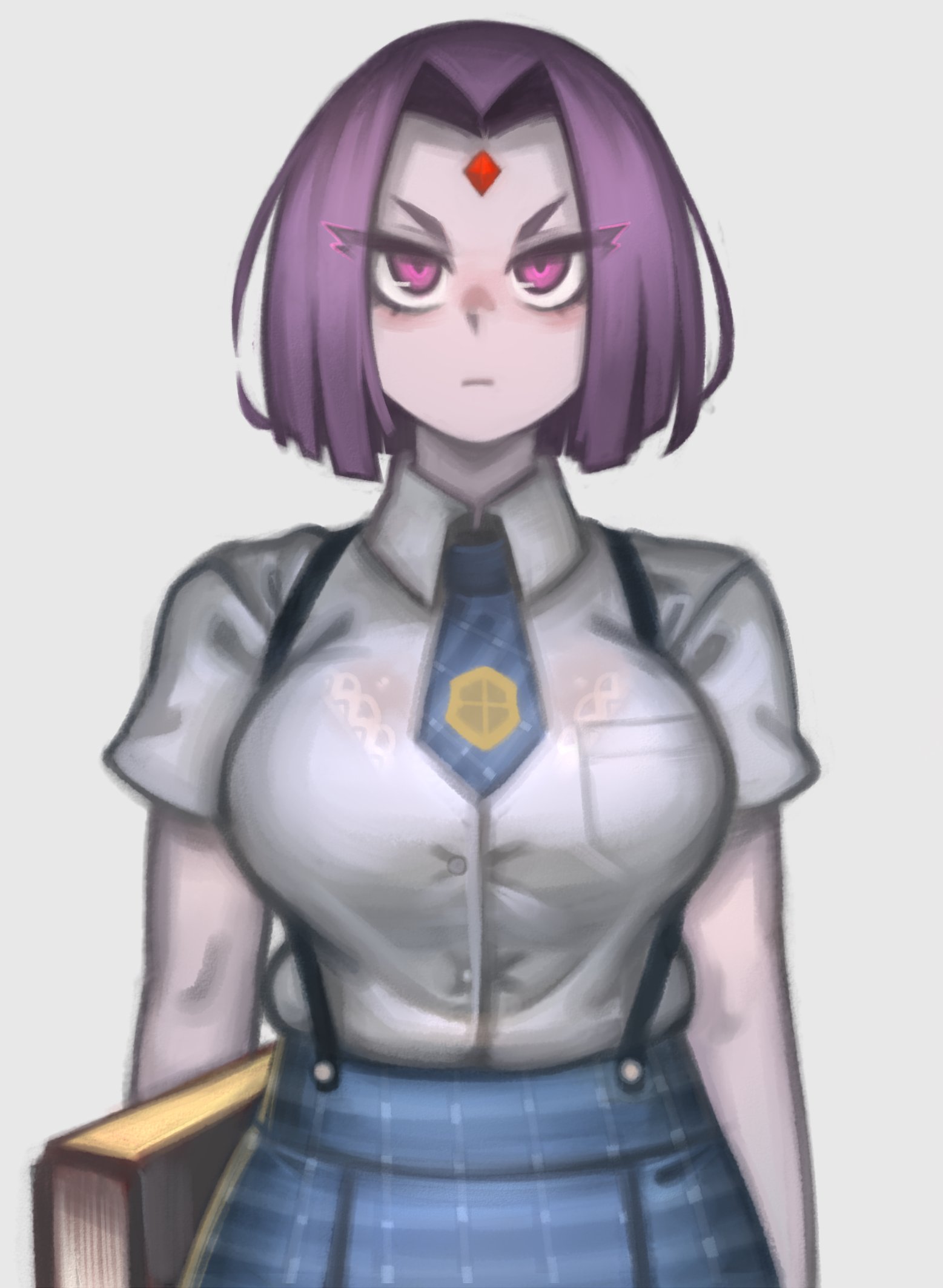 1girls, alternate breast size, big breasts, bow tie, bra, breasts, busty, clothing, dc, dc comics, female, female focus, female only, hourglass figure, human, kelvin hiu, large breasts, nonsexual, pale skin, purple hair, rachel roth, raven (dc), school uniform, schoolgirl, see-through, see-through clothing, see-through top, skirt, standing, suspenders, teen titans, tie, wide hips