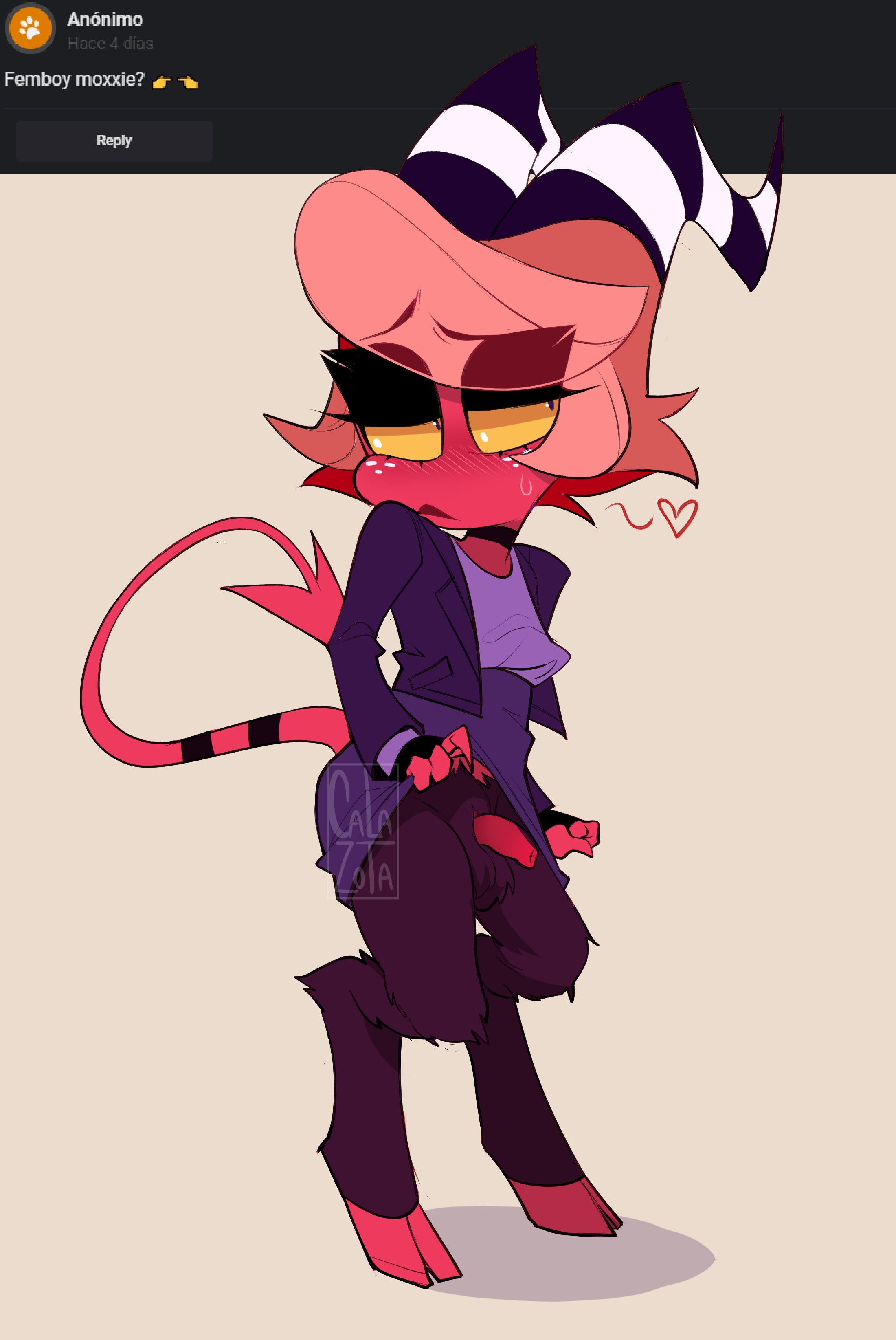 1boy, abstract background, balls, blush, calaziike, calazotauvu, choker, crossdressing, demon, demon tail, femboy, femboy dilf, flaccid, gay, gay male, hairy legs, helluva boss, hooves, horns, imp, lifting, lifting skirt, looking to the side, makeup, male, male only, moxxie (helluva boss), no humans, non-human, non-human only, penis, penis under skirt, presenting, red skin, satyr, shy, skirt, skirt lift, solo, solo focus, solo male, sweatdrop, tail, text, thighs, vivienne medrano, yaoi, yellow eyes