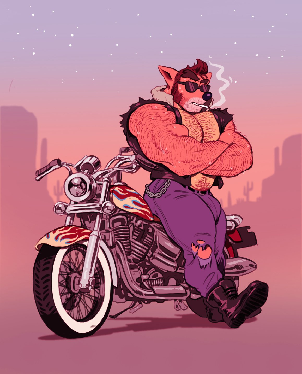 anthro arm_hair arms_crossed bandicoot bara biker biker_clothes body_hair boots bulge cigarette cigarette_in_mouth crash_(series) crash_bandicoot crash_bandicoot:_warped dirtyyeen facial_hair furry hairy hunk jeans leather_jacket male male_only mezcal muscles muscular naughty_dog ripped_clothing shoegaze. sleeveless_jacket smoking sunglasses sweat sweaty