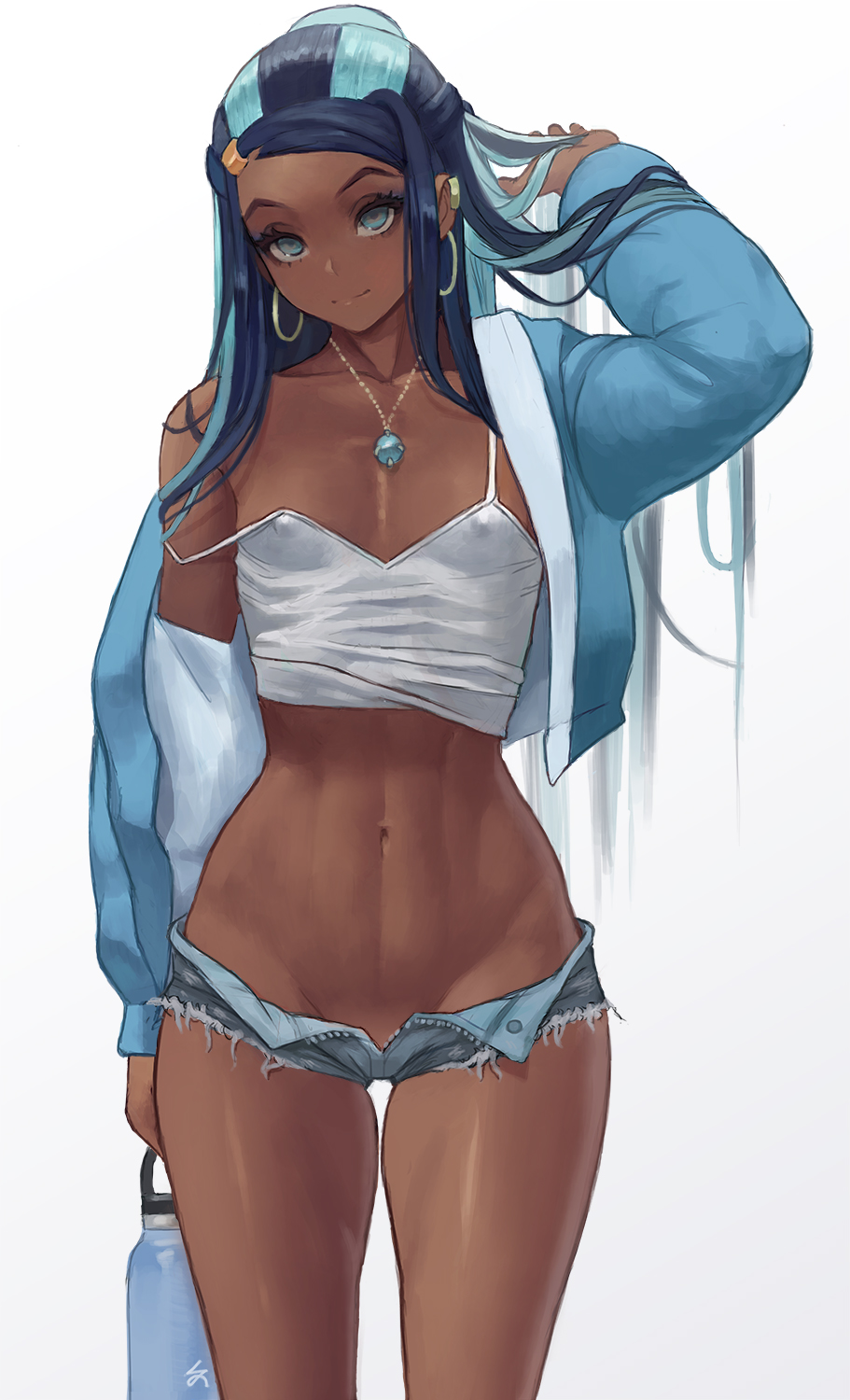 1girls blue_eyes blue_hair blue_jacket breasts camisole closed_mouth clothing covered_erect_nipples cutesexyrobutts_(style) dark-skinned_female dark_blue_hair dark_skin denim denim_shorts earrings female female_only gradient gradient_background highres hoop_earrings hourglass_figure human jacket jewelry long_hair looking_at_viewer midriff multicolored_hair navel necklace nessa_(pokemon) nintendo nipple_bulge off_shoulder pokemon pokemon_ss short_shorts shorts small_breasts smile solo solo_female standing strap_slip thigh_gap thighs two-tone_hair unbuttoned unbuttoned_shorts white_background zefra_bleu